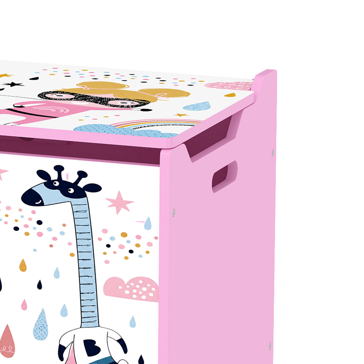 Pink wooden toy chest side view with flip-top lid and front handle cutout
