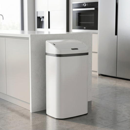 HOMCOM 48L Stainless Steel Sensor Bin With Infrared Touchless Lid White For Easy Family Kitchen Use