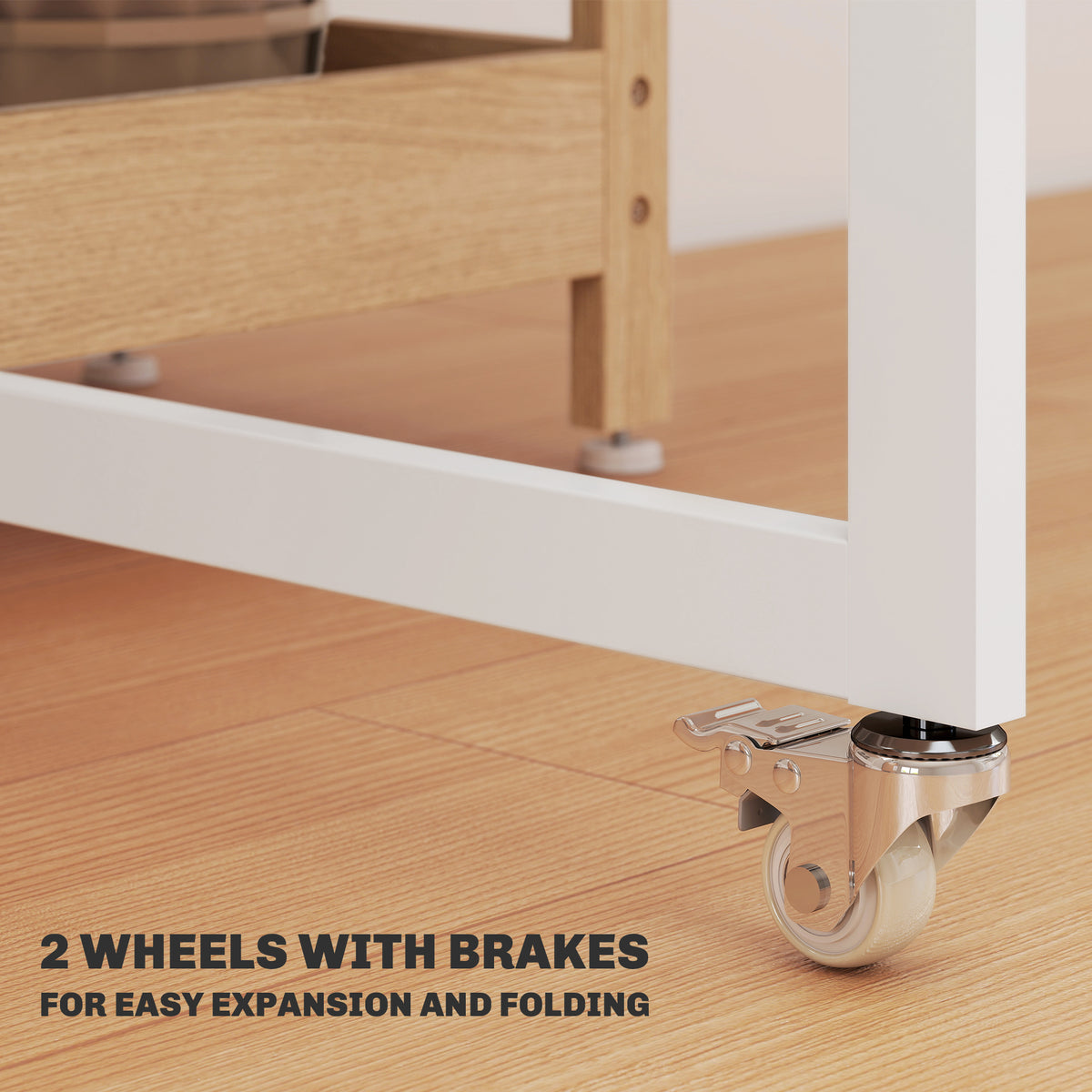 Light wood drop-leaf dining table with white metal frame and two caster wheels with brakes