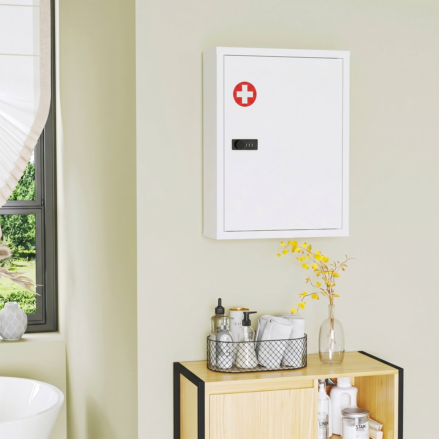 HOMCOM Wall Mount Medicine Cabinet With Combination Lock And Three Tier Storage White