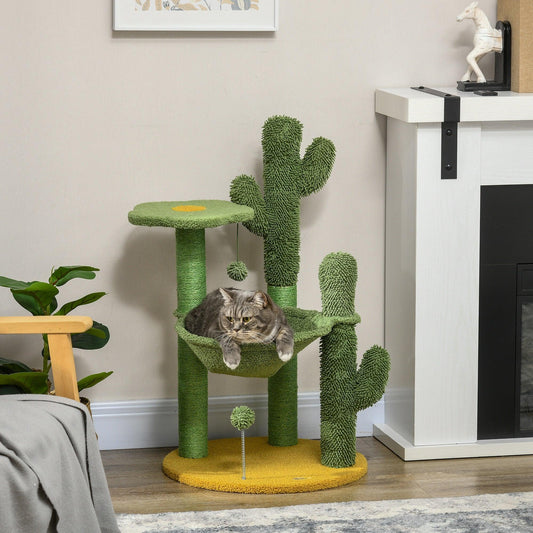 PawHut Cactus Tree for Indoor Cats, Modern Cat Tower with Hammock, Green - ALL4U RETAILER LTD