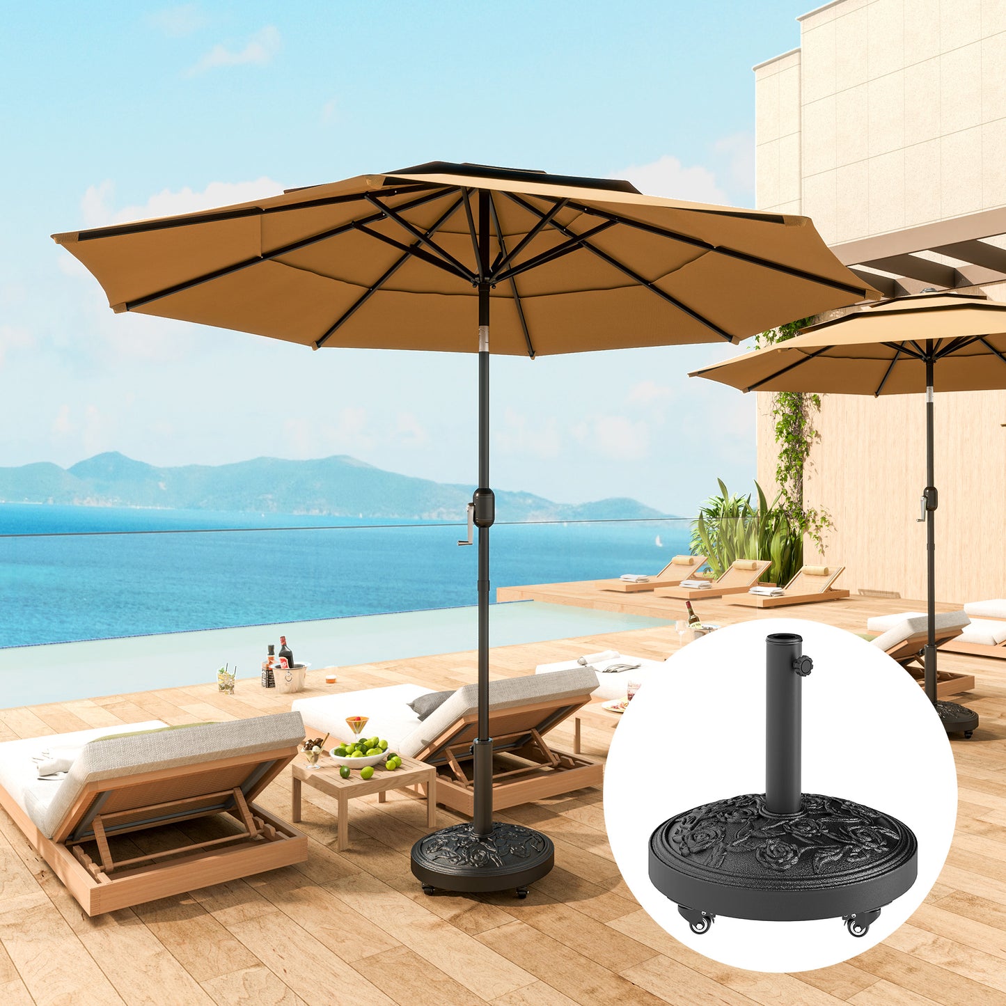Outsunny Parasol Base With Wheels Cast Iron Effect Weather Resistant Black For Umbrella Canopy Patio Garden