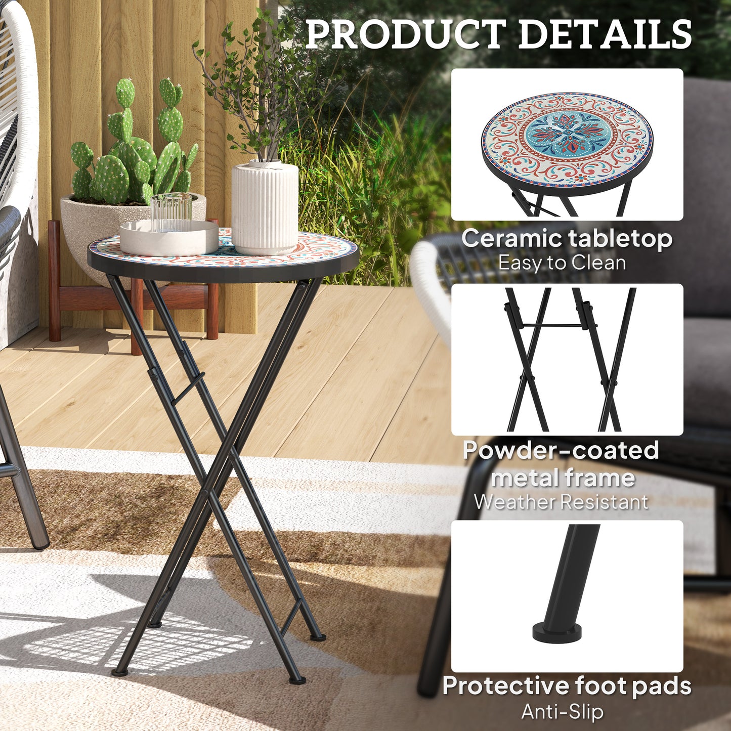 Outsunny Mosaic Outdoor Garden Table 35.5cm Round Folding Coffee Table With Metal Frame For Balcony Terrace Multicolour