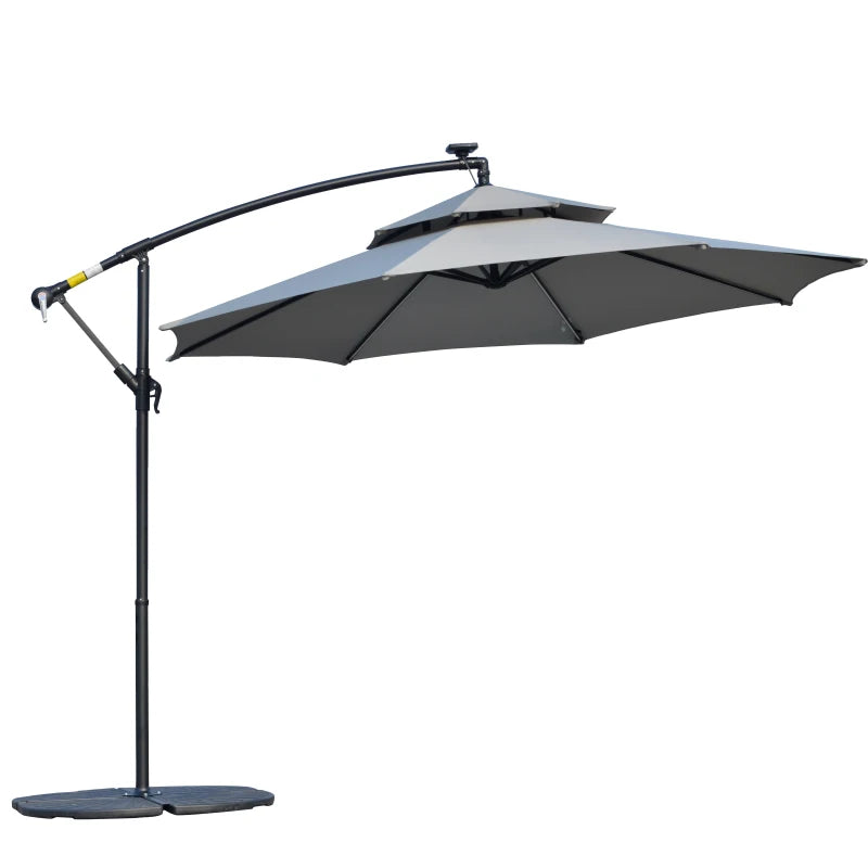 Outsunny 3m Cantilever Banana Parasol with Double Roof, LED Solar Lights, Crank, 8 Sturdy Ribs, Cross Base, for Outdoor Garden Patio, Light Grey - ALL4U RETAILER LTD