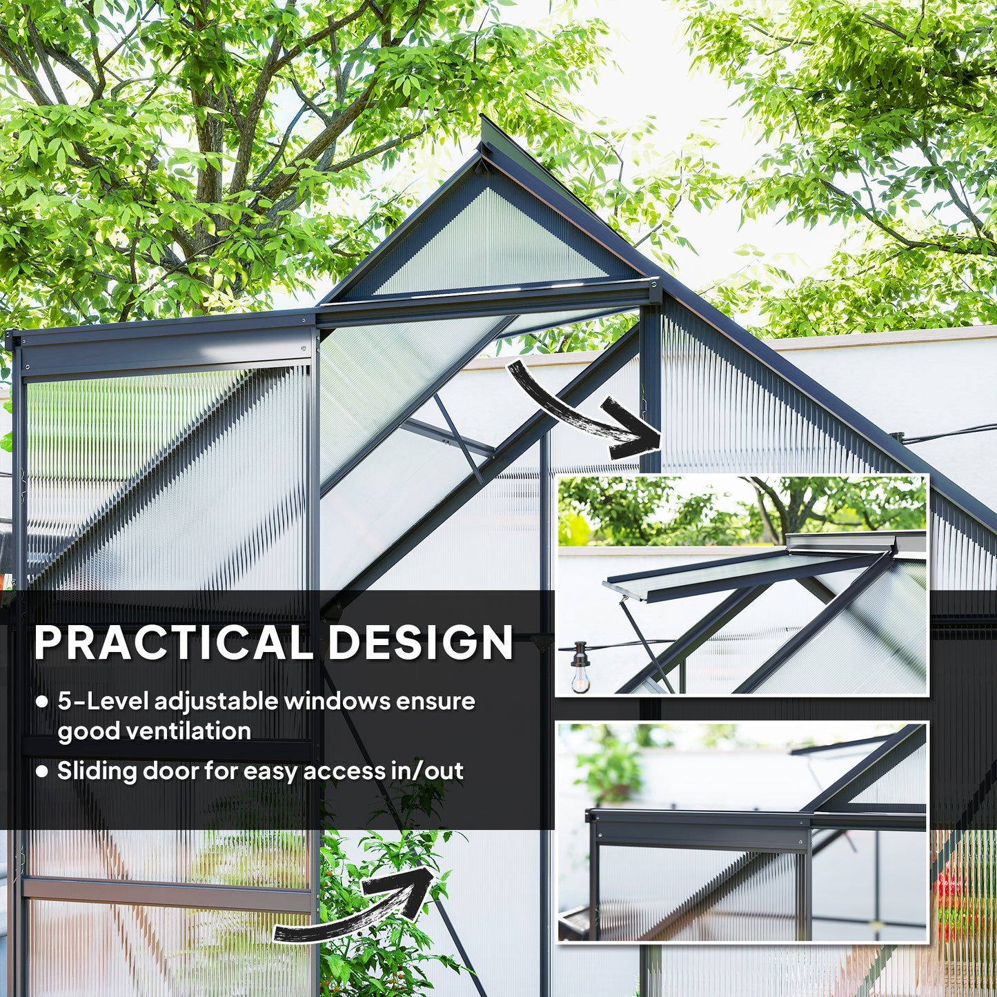 Outsunny Walk In Polycarbonate Greenhouse 192.5cm 131cm Aluminum Frame Durable Garden Structure