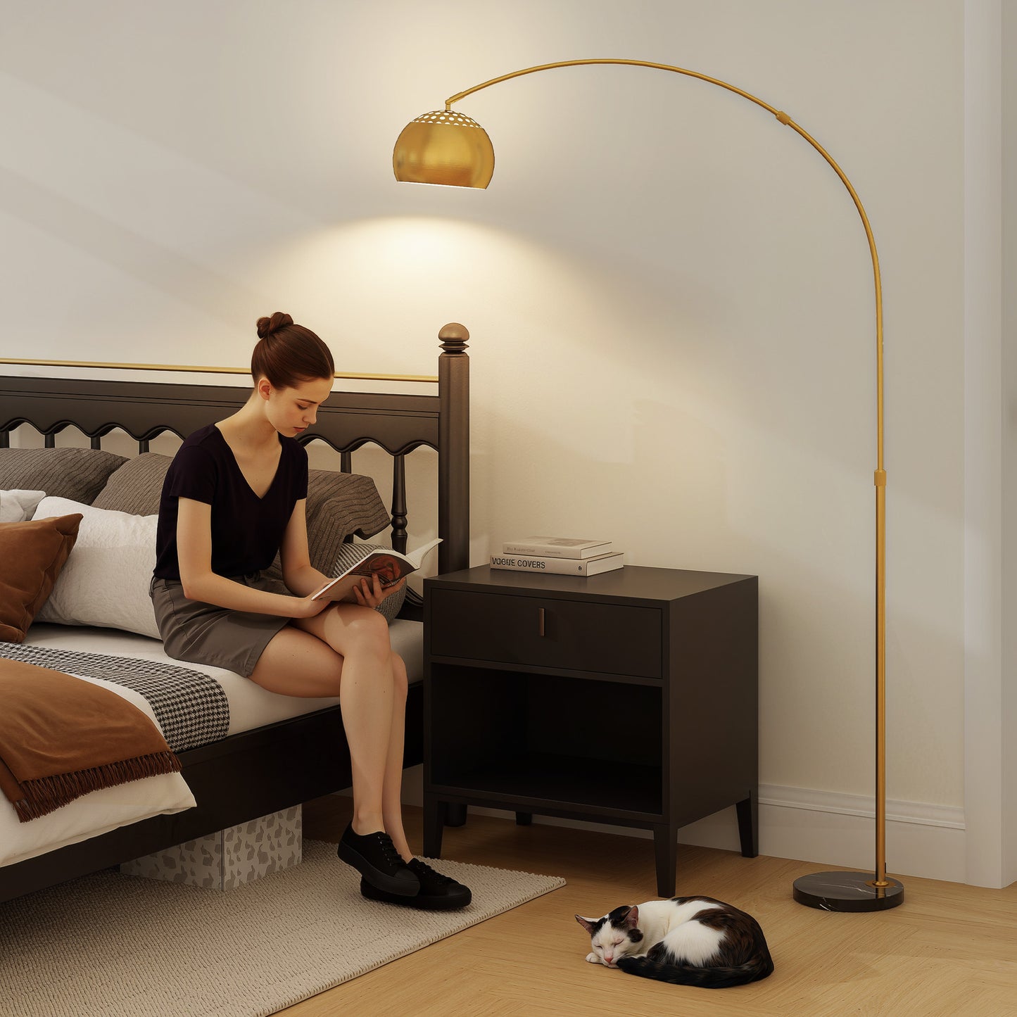 Homcom 167cm Arc Floor Lamp In Gold Tone With Faux Black Marble Base And Bell Shade, Adjustable Foot Switch Living Room