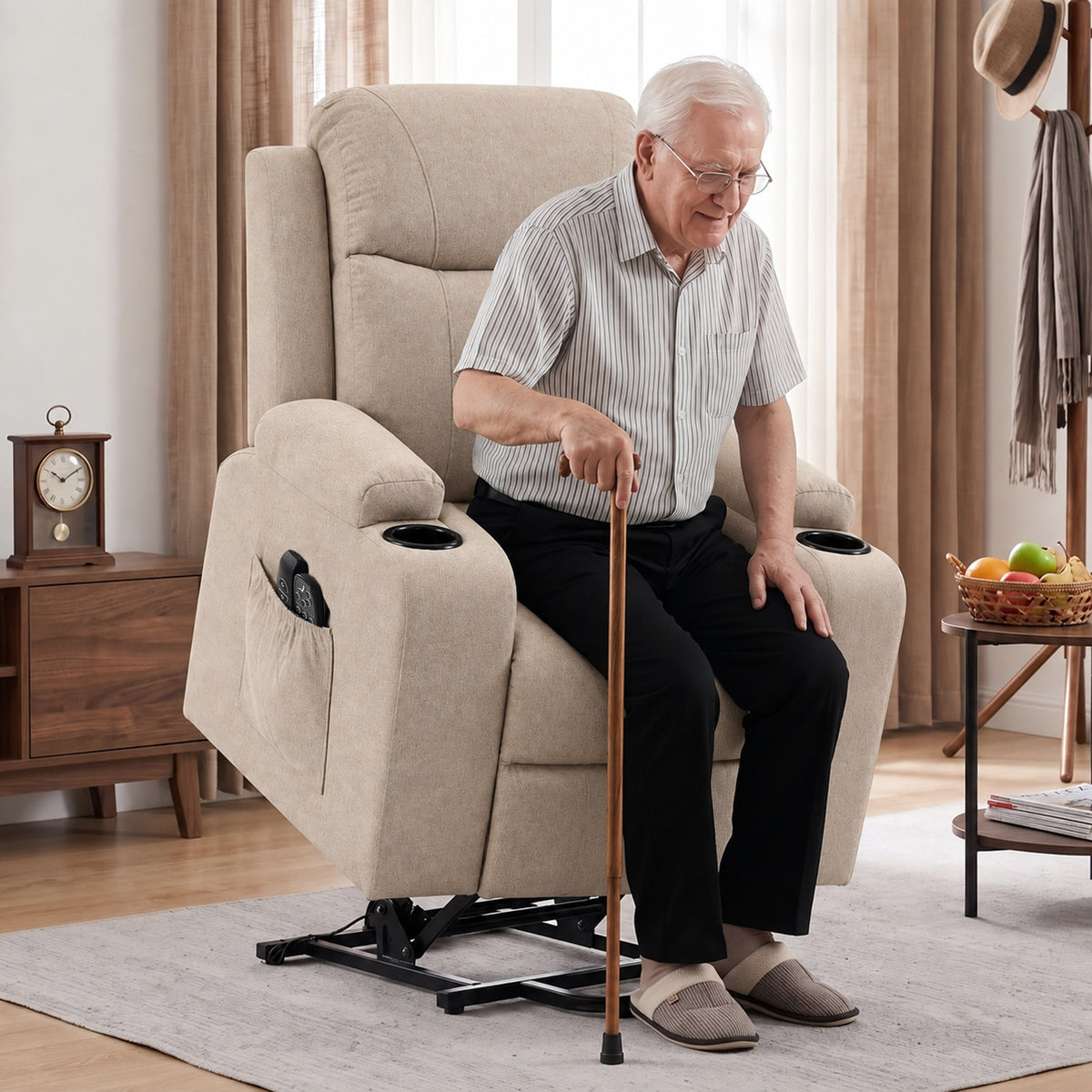 Power lift recliner chair in light beige fabric with side control panel and cup holder