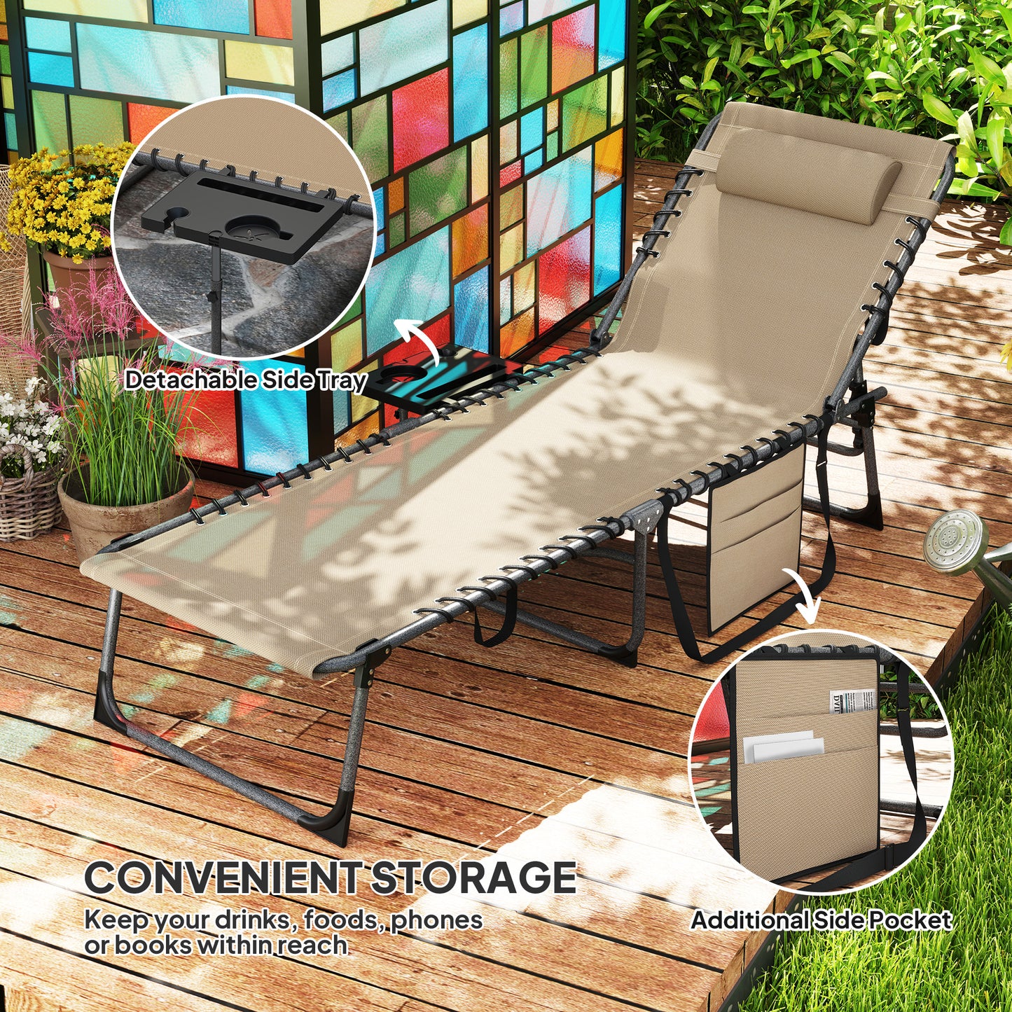 Outsunny Five Position Reclining Sun Lounger Beige With Removable Head Pillow And Powder Coated Steel Frame