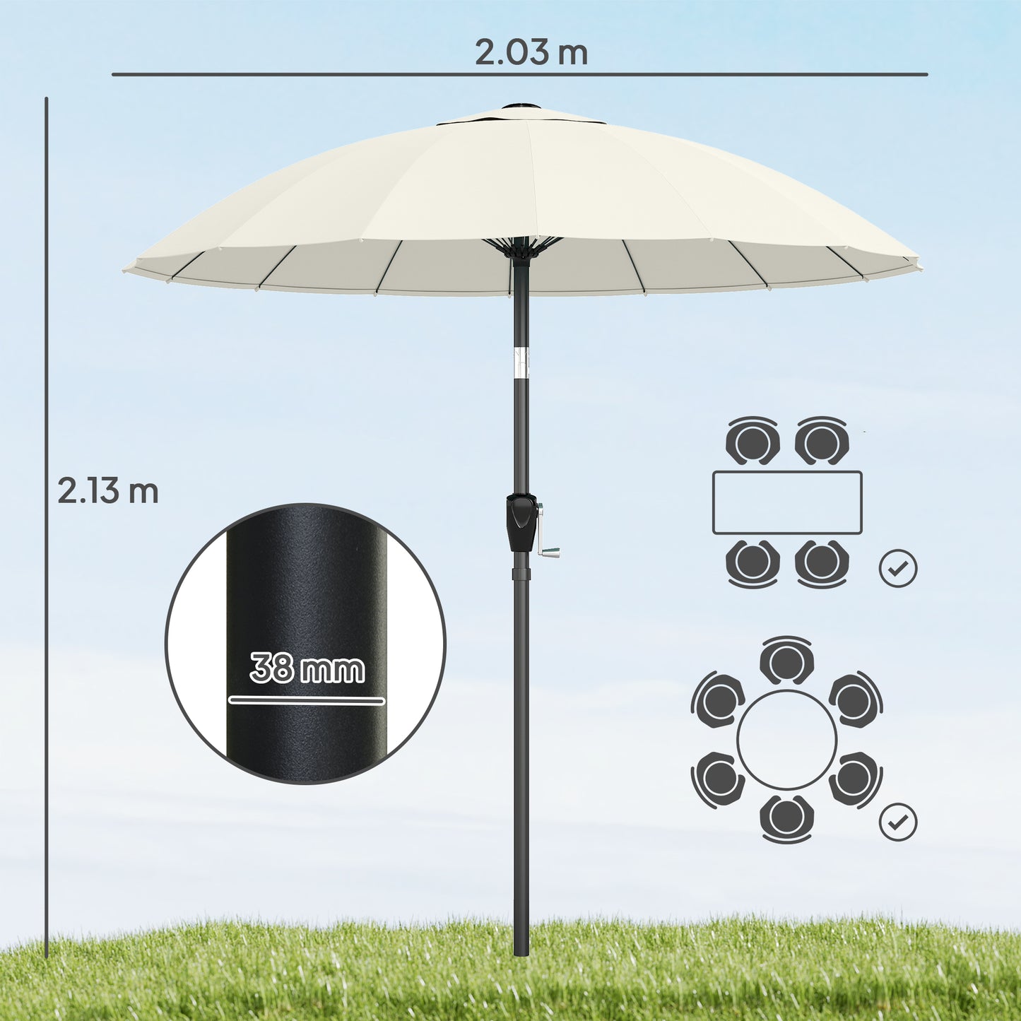 Outsunny 2 m Shanghai Garden Parasol Umbrella With 16 Fibreglass Ribs Crank Tilt Cream White Outdoor Sun Shade