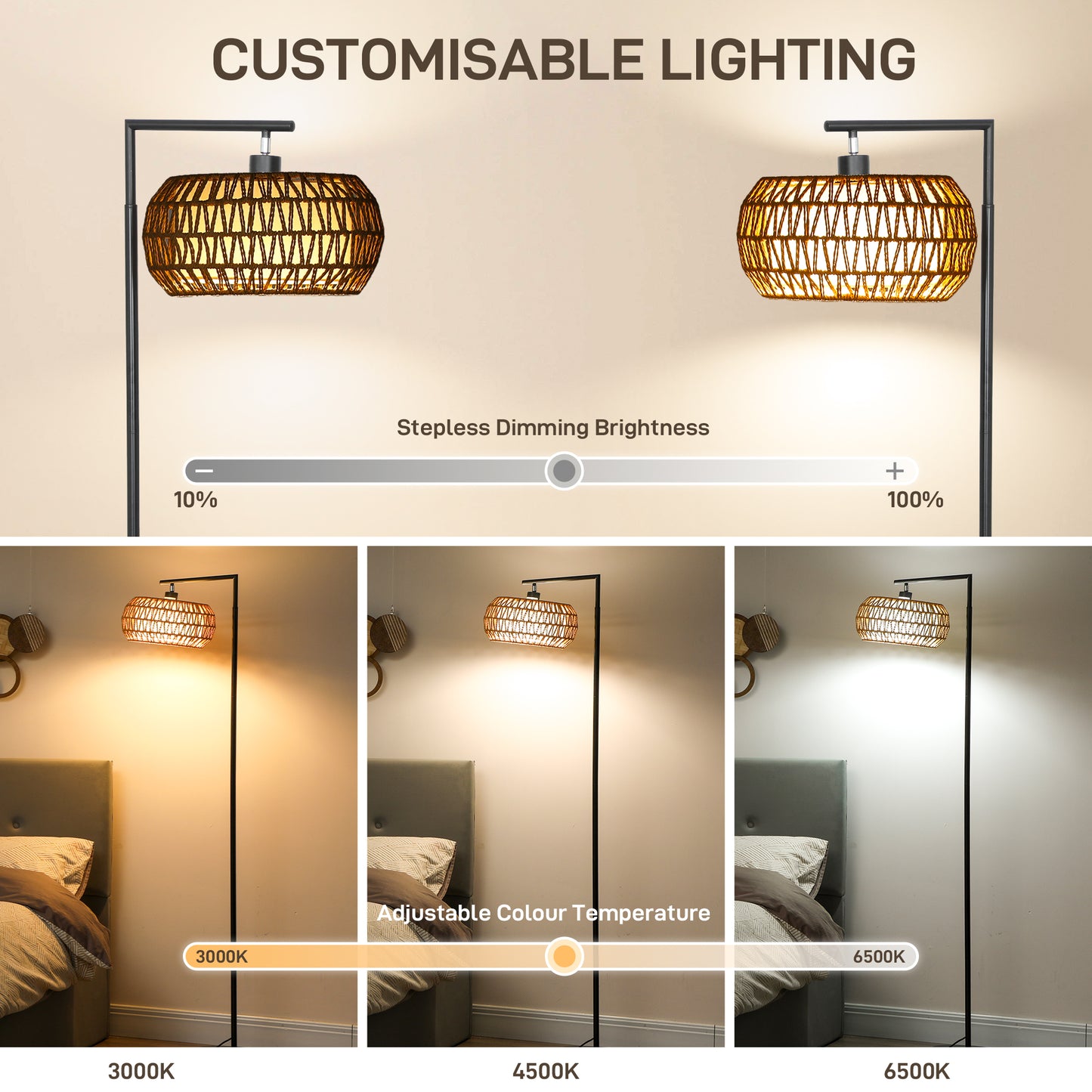 HOMCOM Boho Dimmable Floor Lamp With Adjustable Color Temperature And Remote Control For Living Room Black