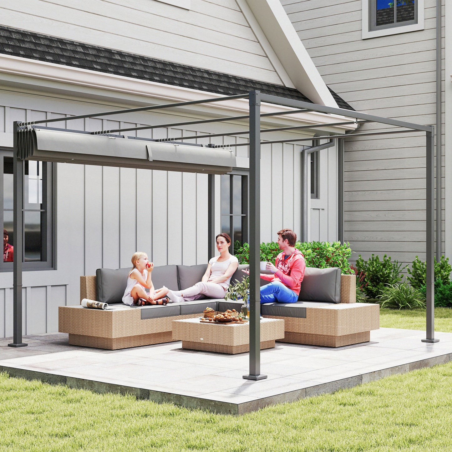 Outsunny 3 x 3m Retractable Roof Metal Pergola Grey With Adjustable Canopy For Shaded Garden Relaxation
