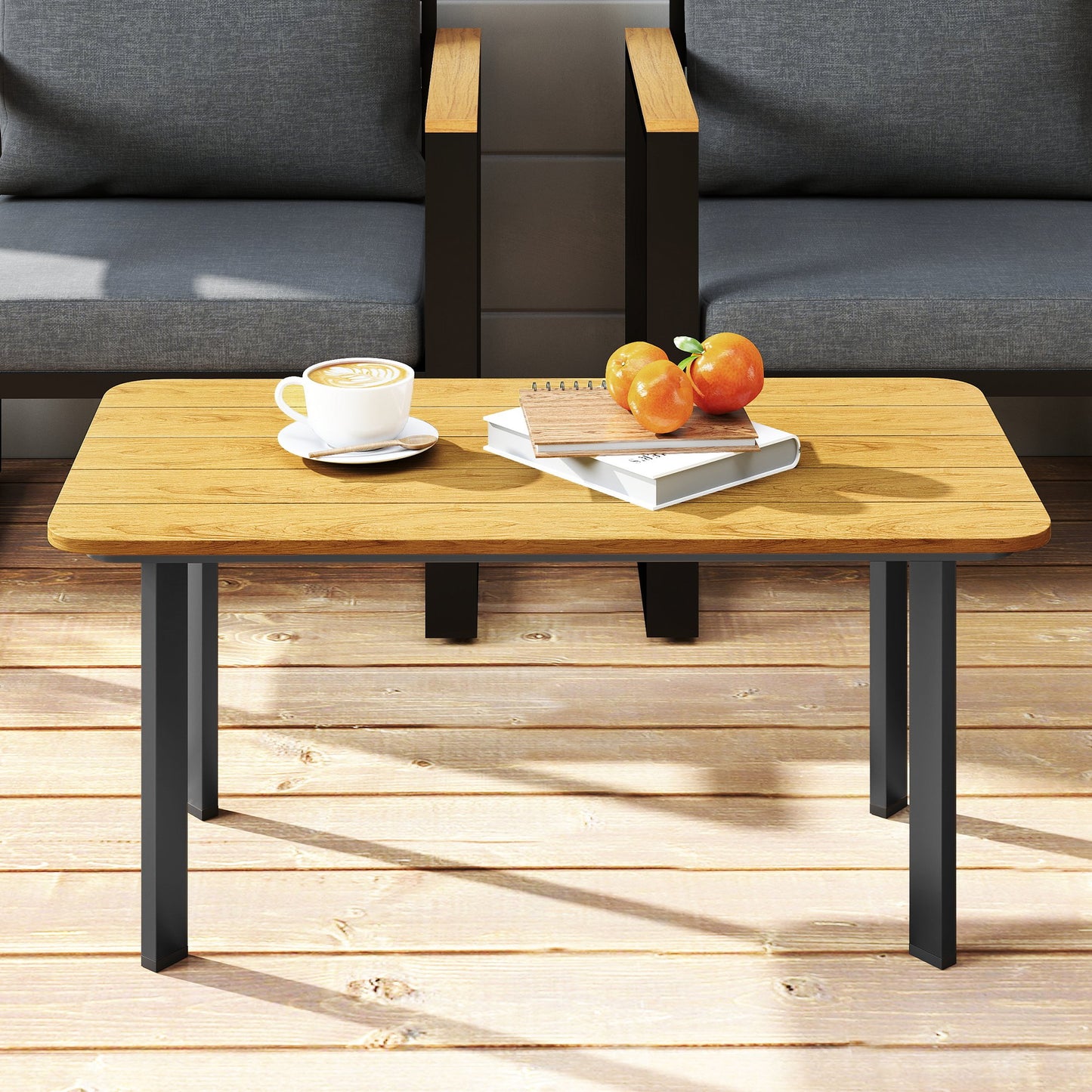 Outsunny Outdoor Garden Coffee Table With Slatted Wood Plastic Composite Top And Weather Resistant Metal Frame Brown