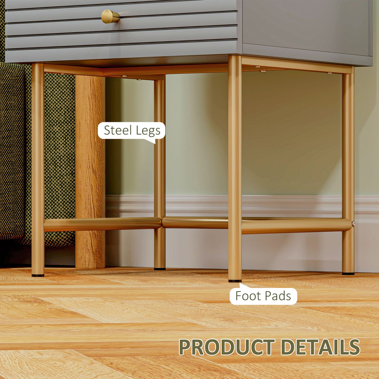 HOMCOM Set Of Two Elegant Bedside Tables With Grey Boxy Frames And Gold Tone Accents Having Two Drawers