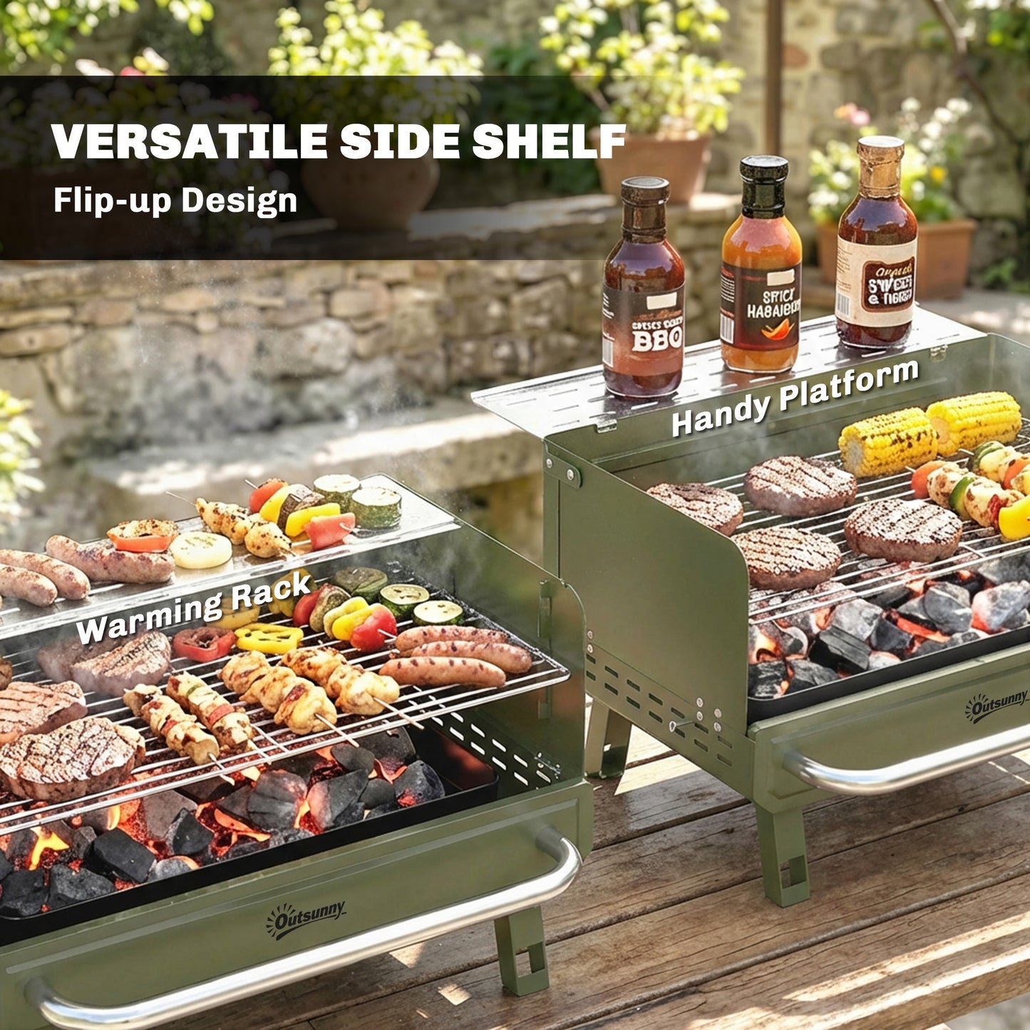 Outsunny Portable Charcoal BBQ Grill with Adjustable Grates, Foldable Legs, Side Shelf for Camping Travel Green