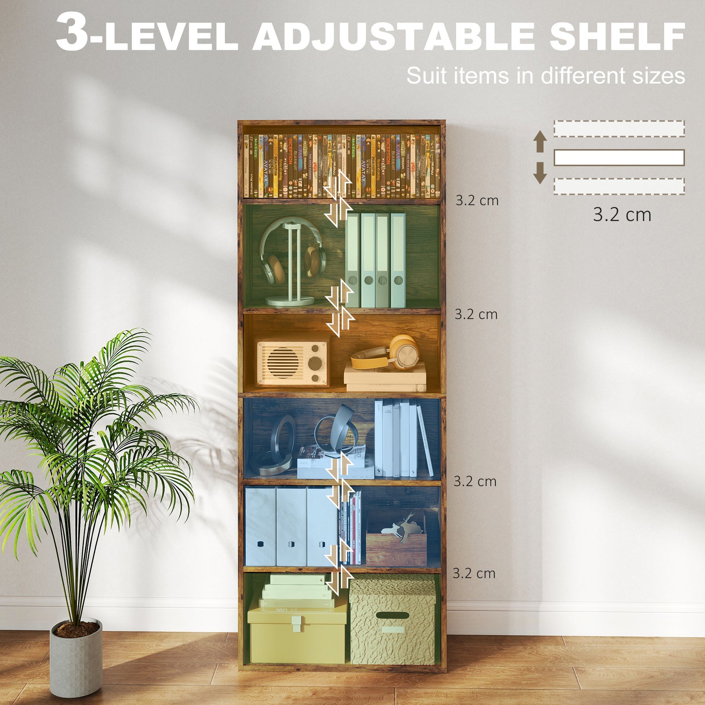 HOMCOM Six Shelf Bookcase Rustic Brown With Four Adjustable Shelves And Melamine Finish
