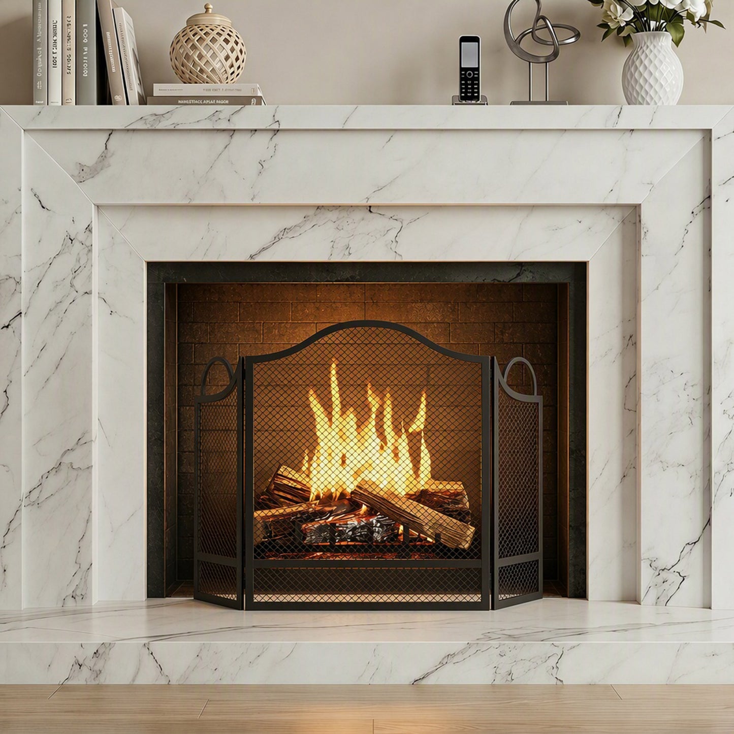 HOMCOM Floral Folding Fireplace Screen Heat Resistant Black