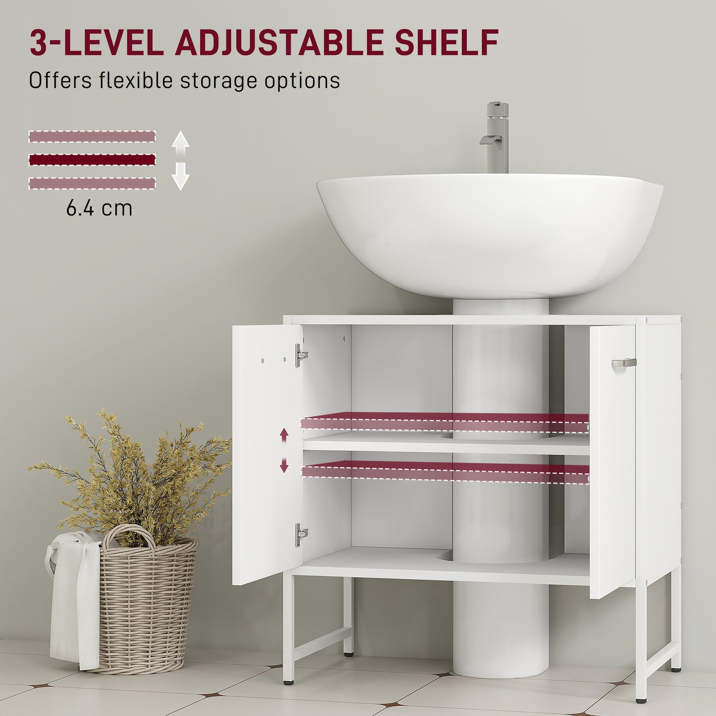 HOMCOM White Bathroom Vanity Unit Under Sink Cabinet With Soft Close Doors Fits Around Basins And Adjustable Shelving