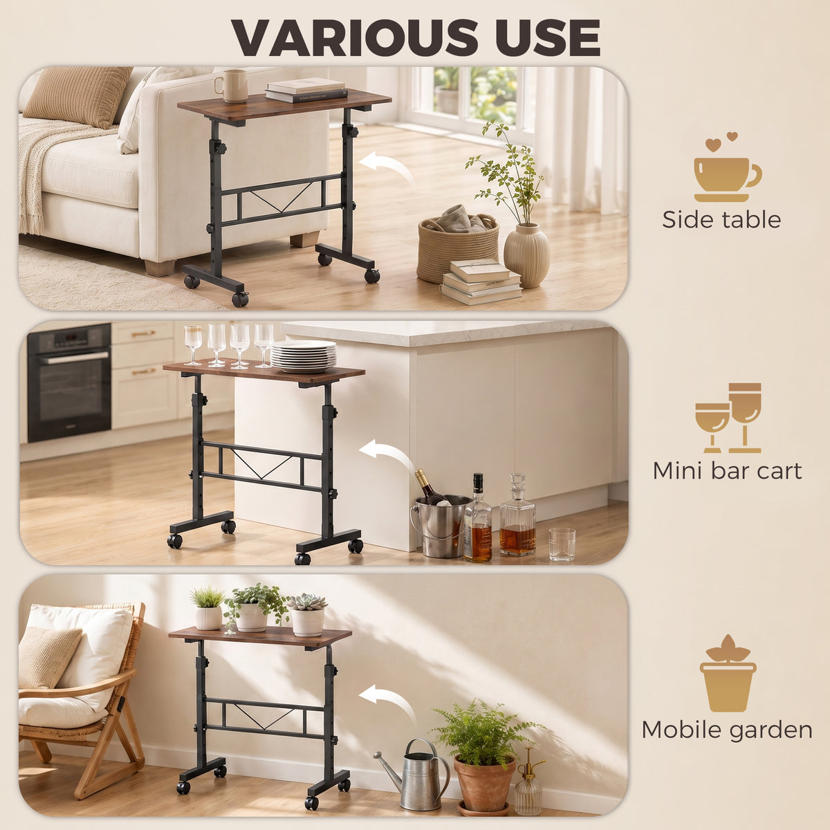 Versatile adjustable table with dark wood top, black frame, and locking caster wheels