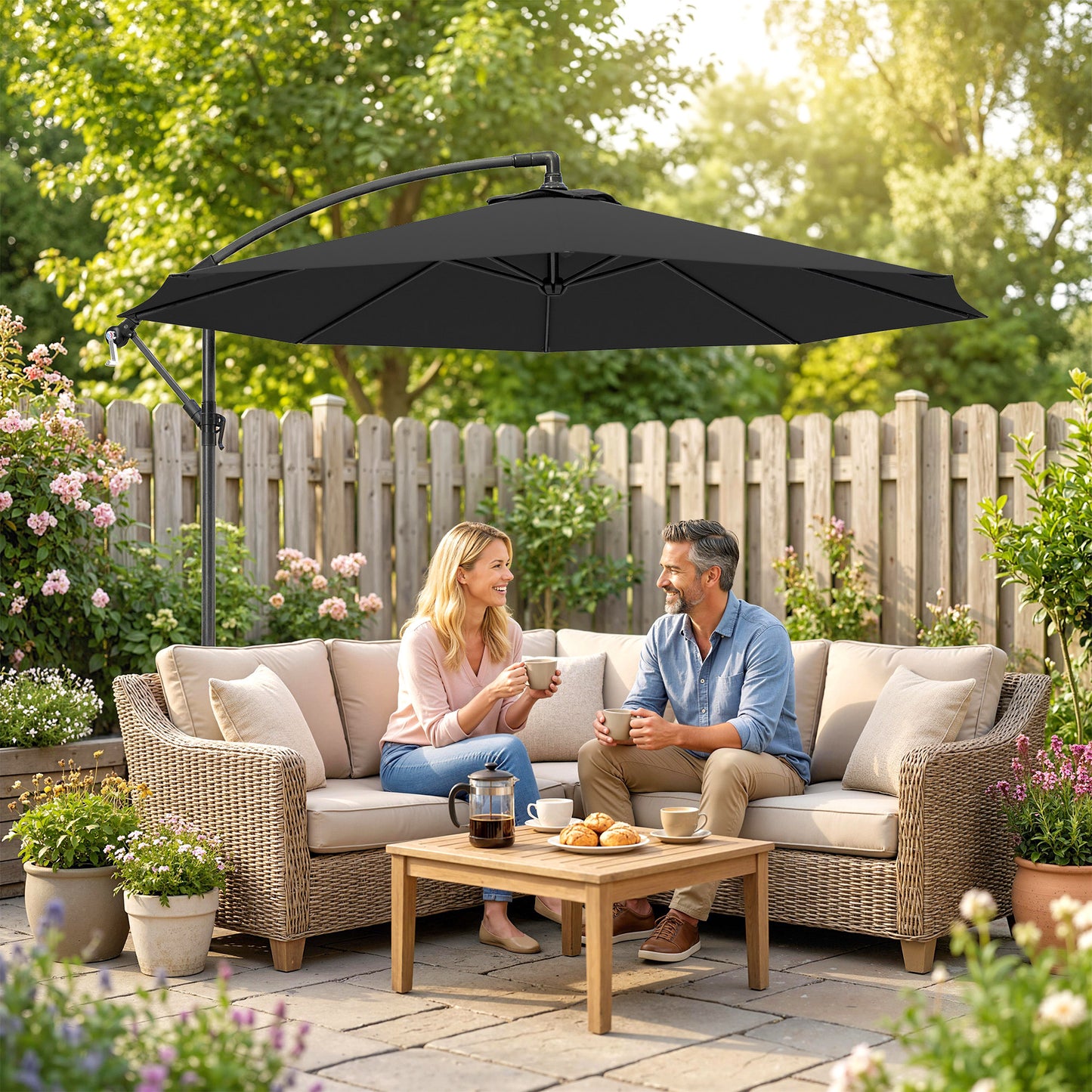 Outsunny 3m Overhanging Cantilever Parasol With Cross Base Black For Patio Garden Sun Shade And Durable Canopy