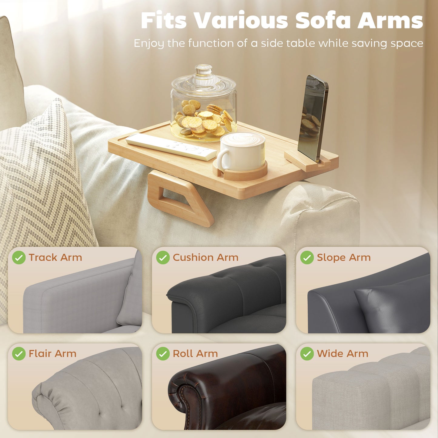 HOMCOM Anti Slip Sofa Armrest Tray Bamboo Arm Tray With 360 Degree Phone Holder And Removable Cup Holder Natural