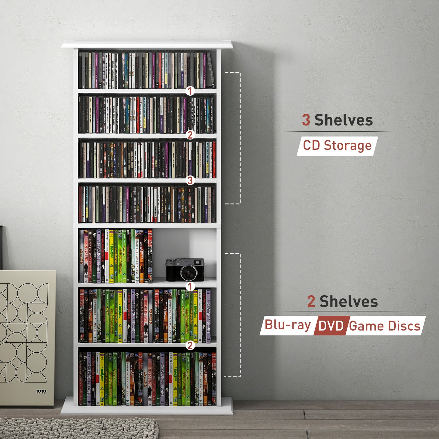 HOMCOM 360 CD Storage Unit White With 8 Shelves Holds 360 CDs Or 185 DVDs Blu Rays Anti Tip Straps For Wall Fixing