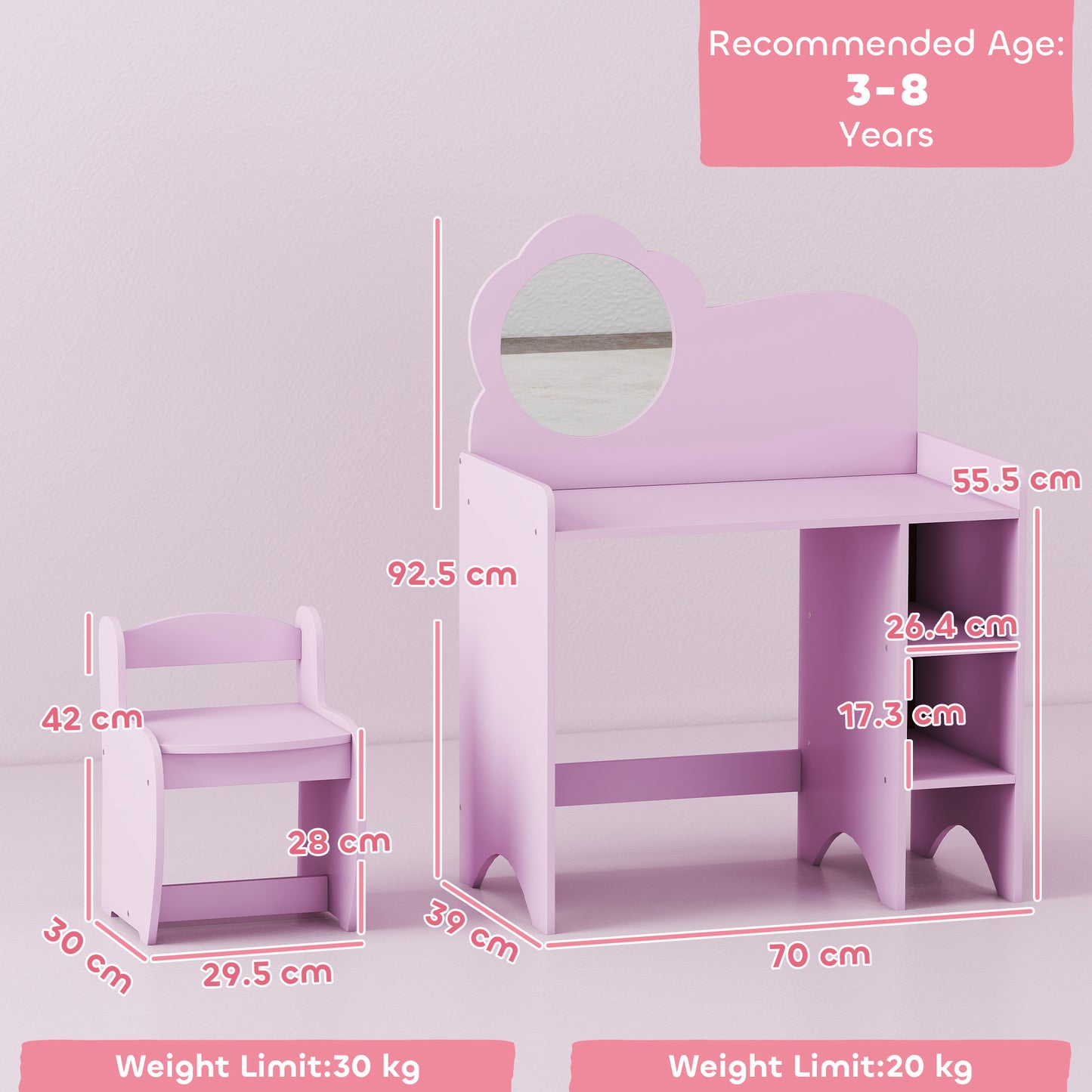 AIYAPLAY Kids Dressing Table With Mirror And Stool Vanity Table With Shelves For Ages 3 To 8 Purple