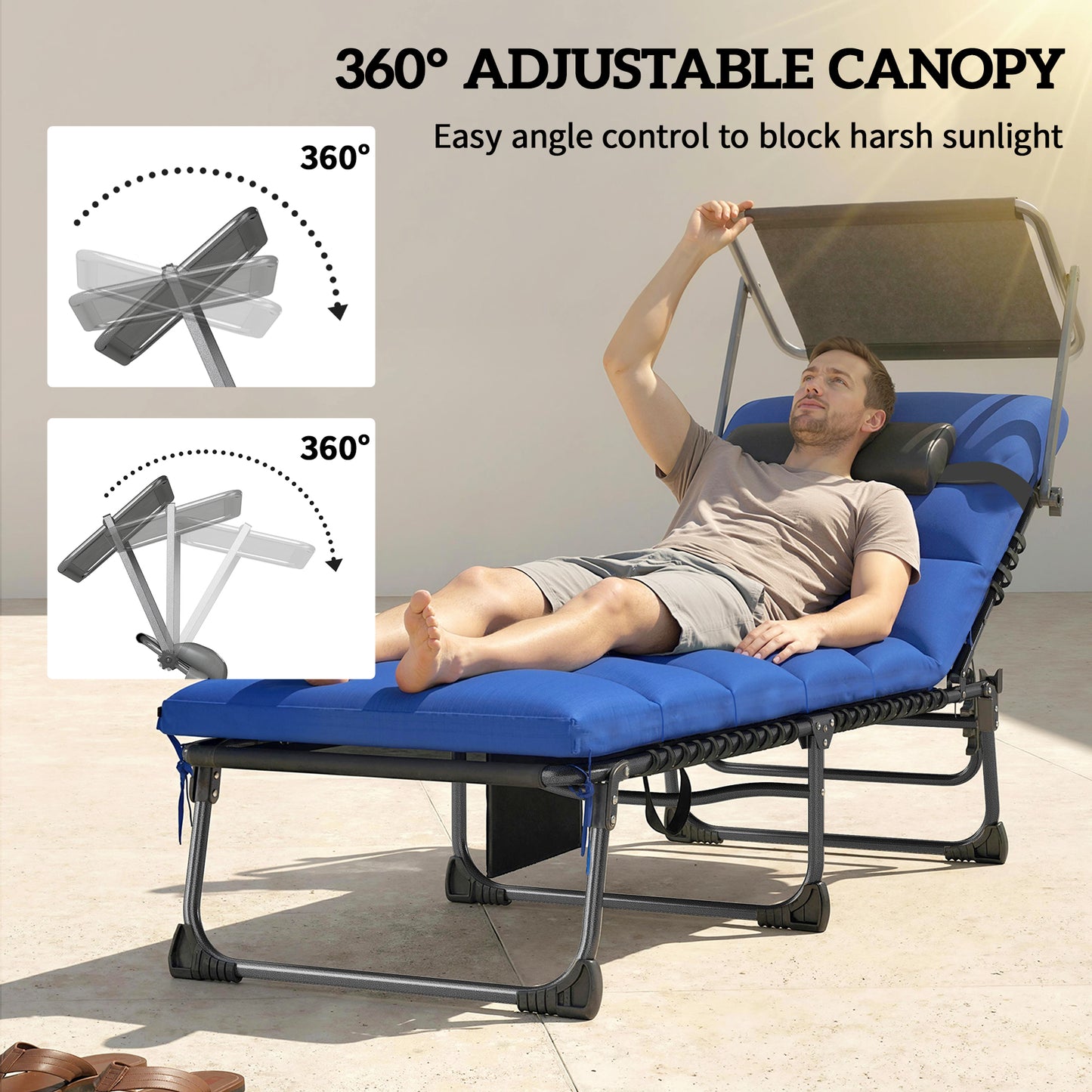 Outsunny Folding Sun Loungers Set Of 2 With Canopy Reclining Sunbed With Cushion Side Pocket Carrying Handle Dark Blue
