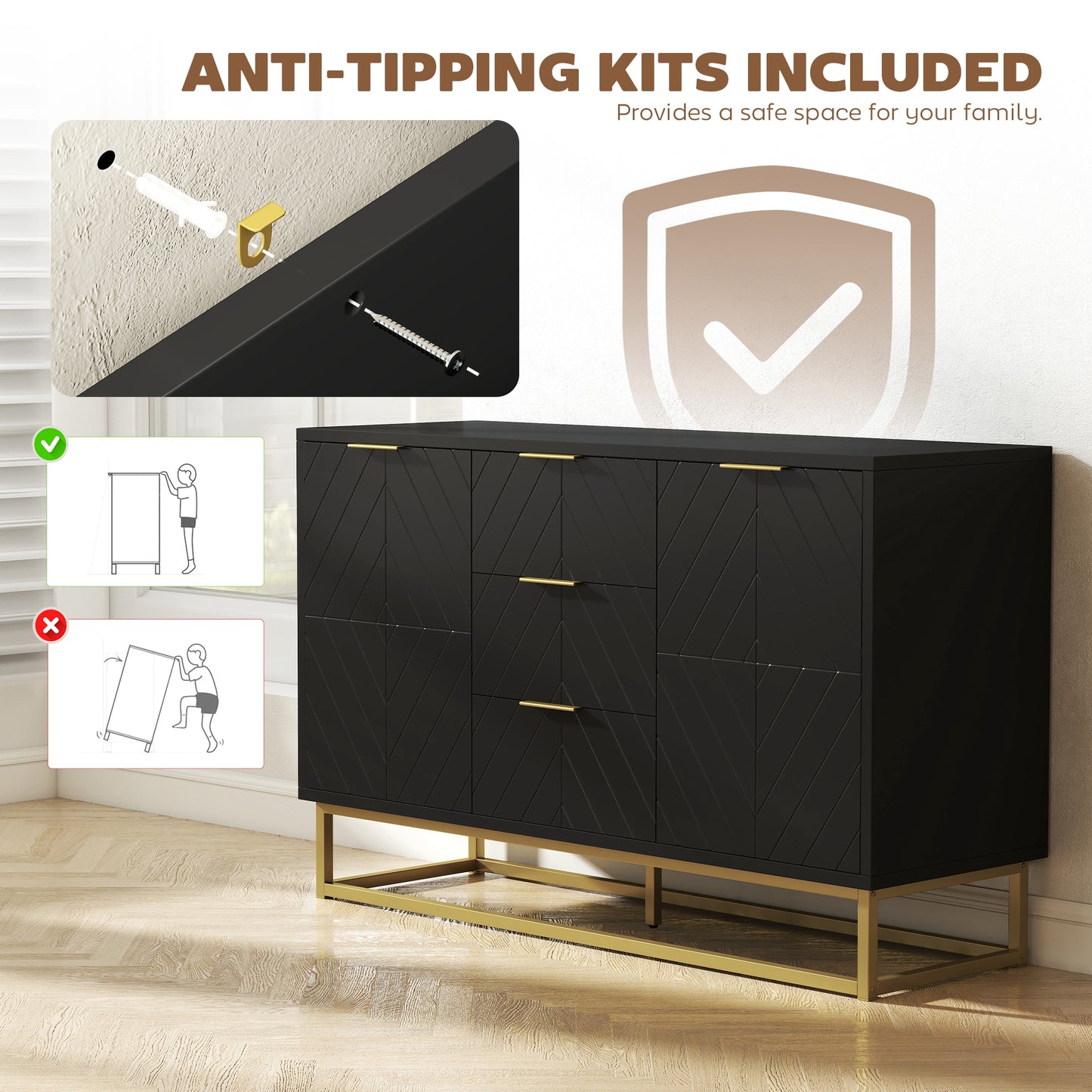 HOMCOM Sideboard With 3 Drawers And Adjustable Shelves For Living Room Black Finish Modern Storage Cabinet