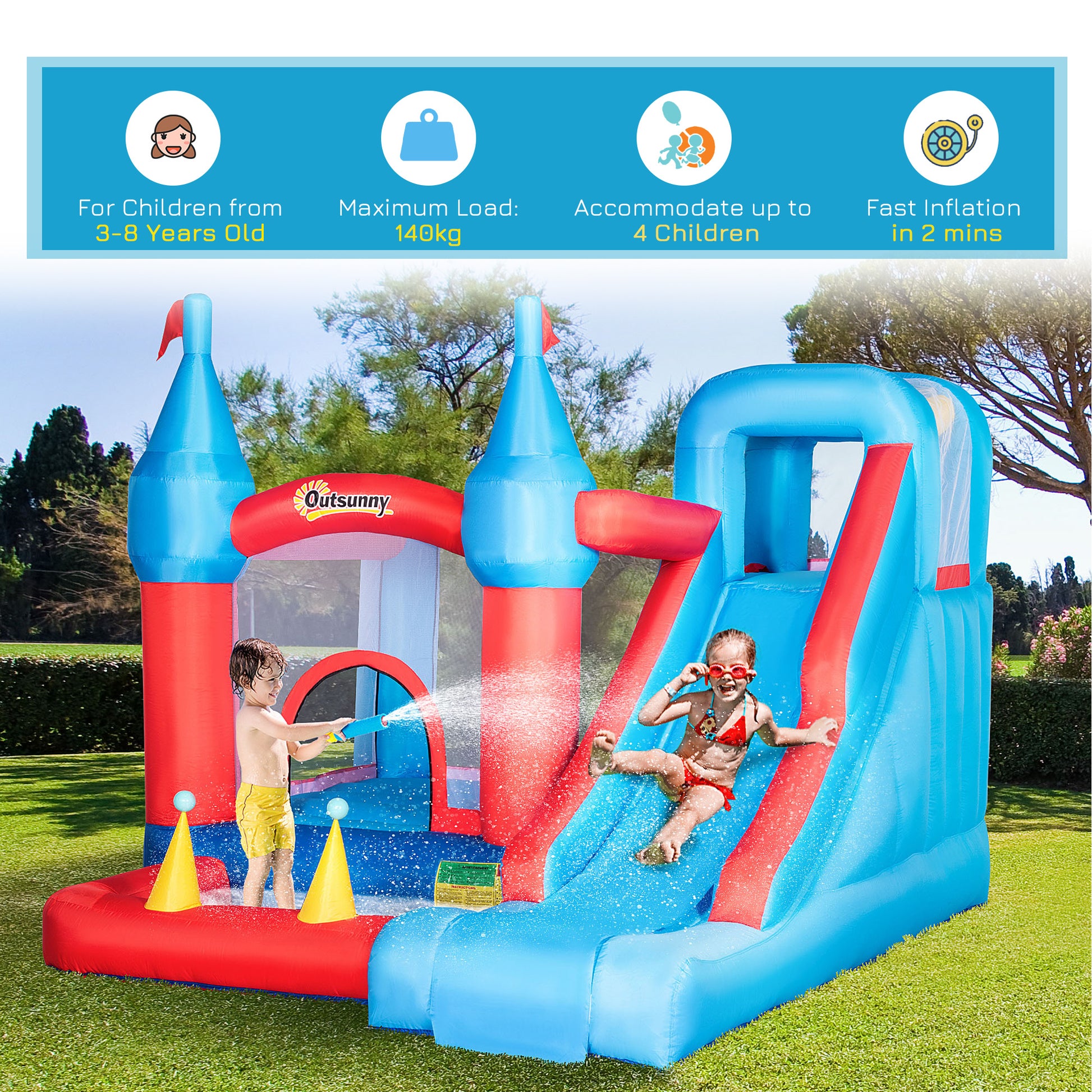 Outsunny 5-in-1 Inflatable Kids Bouncy Castle with Slide, Trampoline, Water Pool & Climbing Wall - Perfect for Ages 3-8 - ALL4U RETAILER LTD