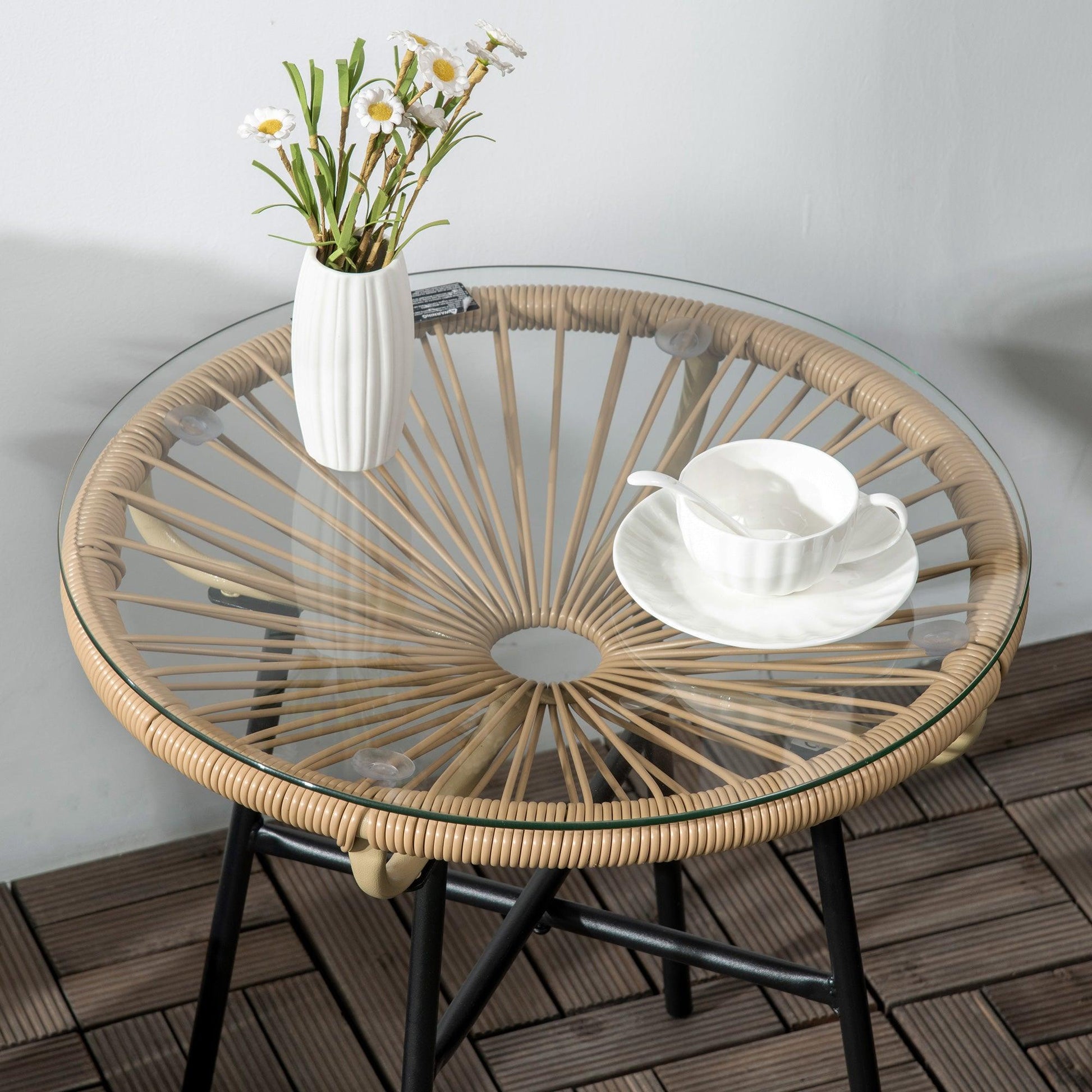 Outsunny Rattan Side Table w/ Round PE Rattan and Tempered Glass Table Top - ALL4U RETAILER LTD