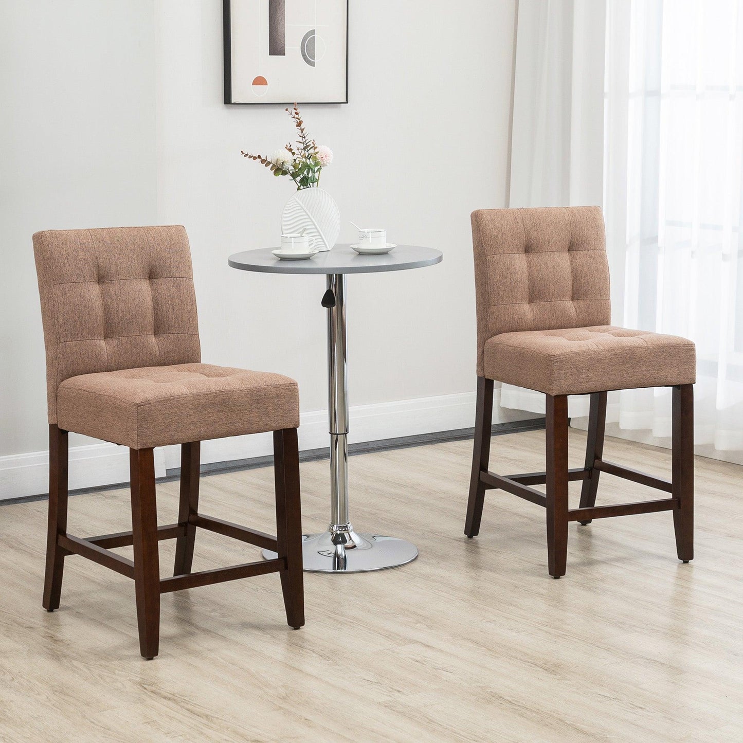 HOMCOM Set of 2 Modern Fabric Bar Stools with Tufted Back, Brown - ALL4U RETAILER LTD