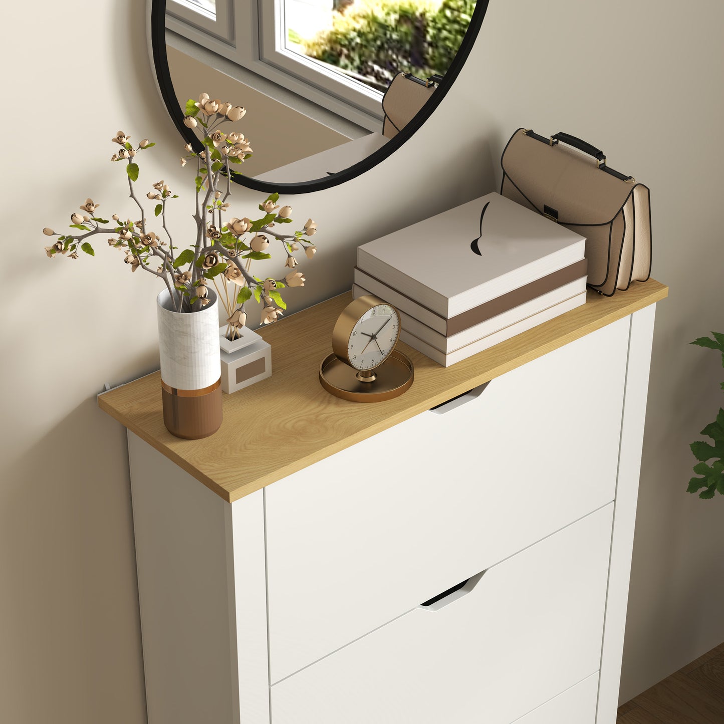 HOMCOM Slim Shoe Cabinet Narrow Cupboard With 3 Flip Drawers And Adjustable Shelves For 18 Pairs High Gloss White