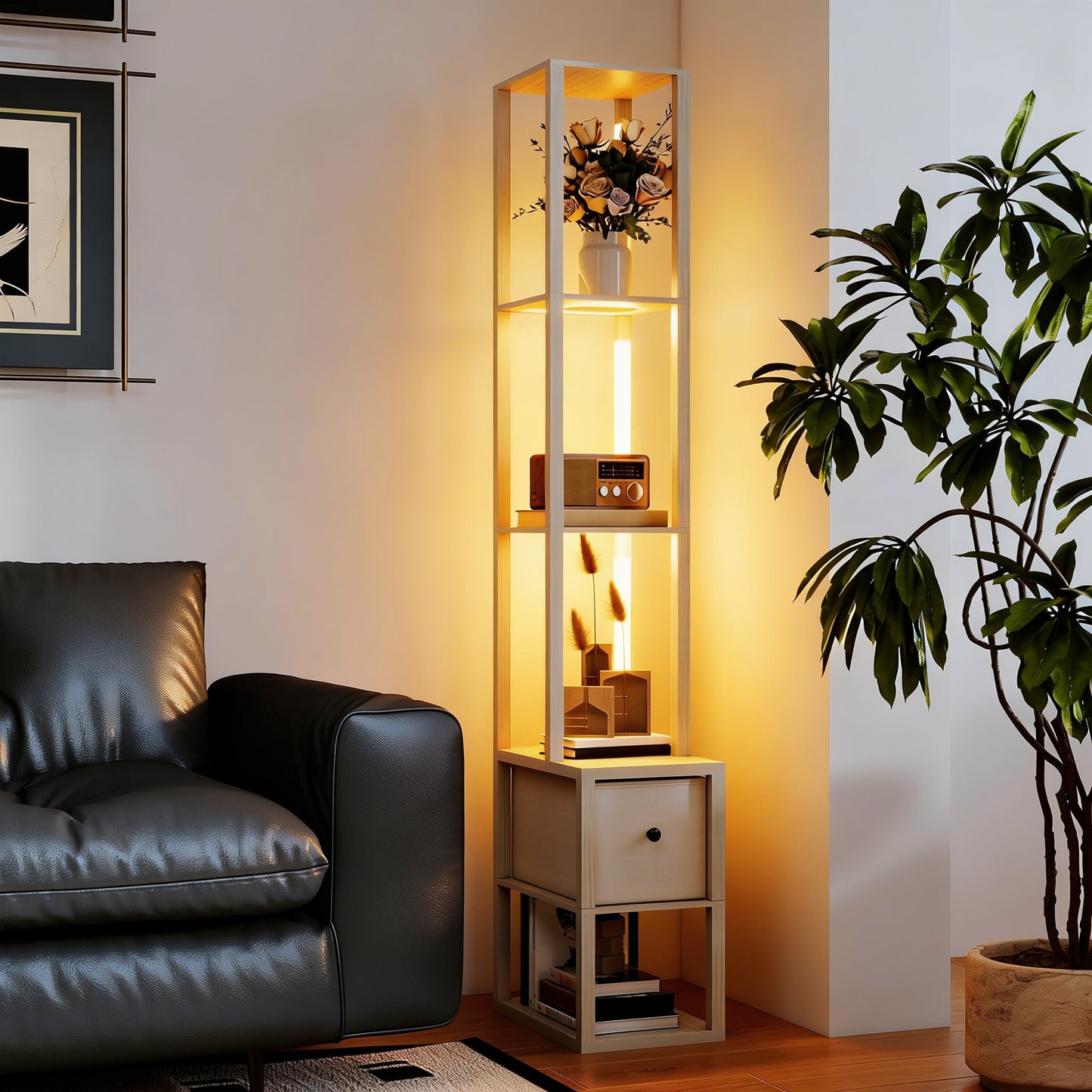 HOMCOM Floor Lamp With Shelves LED Column Modern Standing Lamp Fabric Drawer Adjustable Brightness Foot Switch Oak