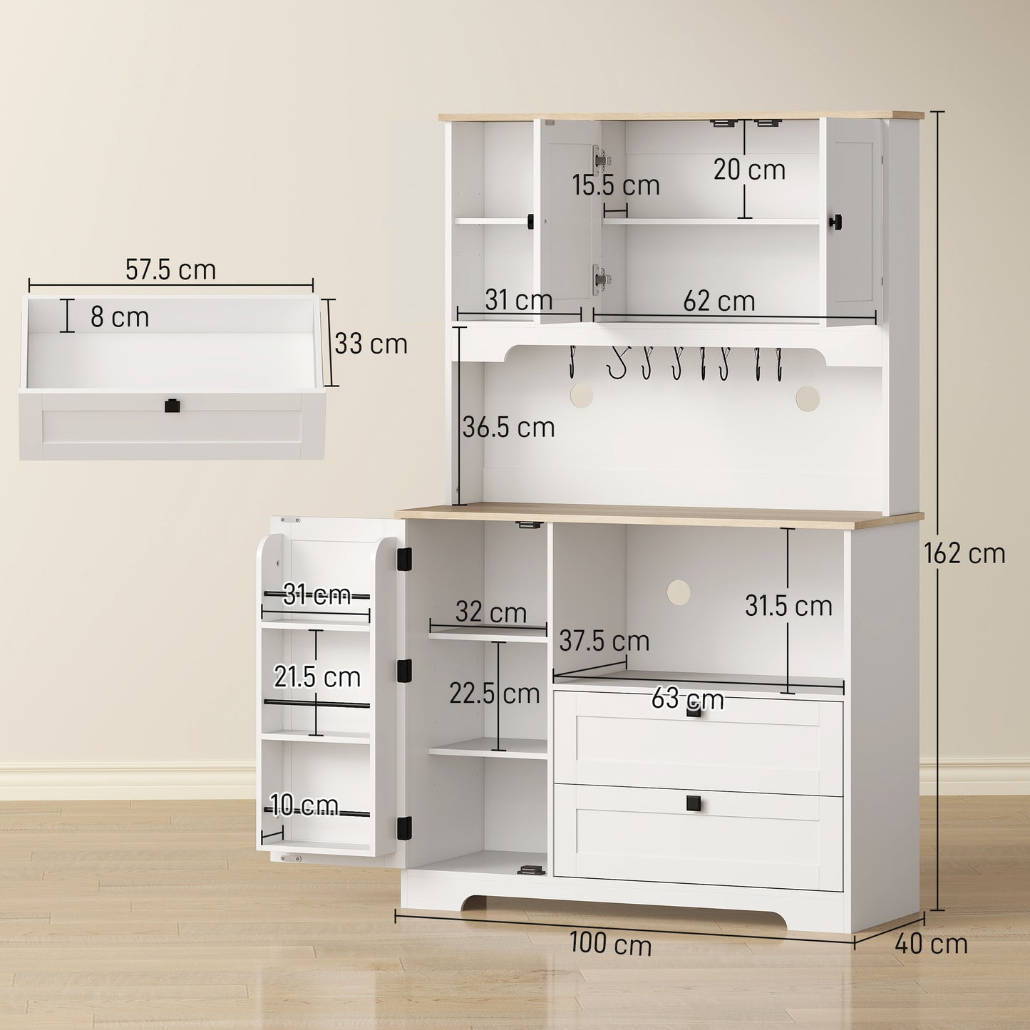 HOMCOM Freestanding Kitchen Cabinet With 2 Cabinets, 2 Drawers, Open And Adjustable Shelves, White