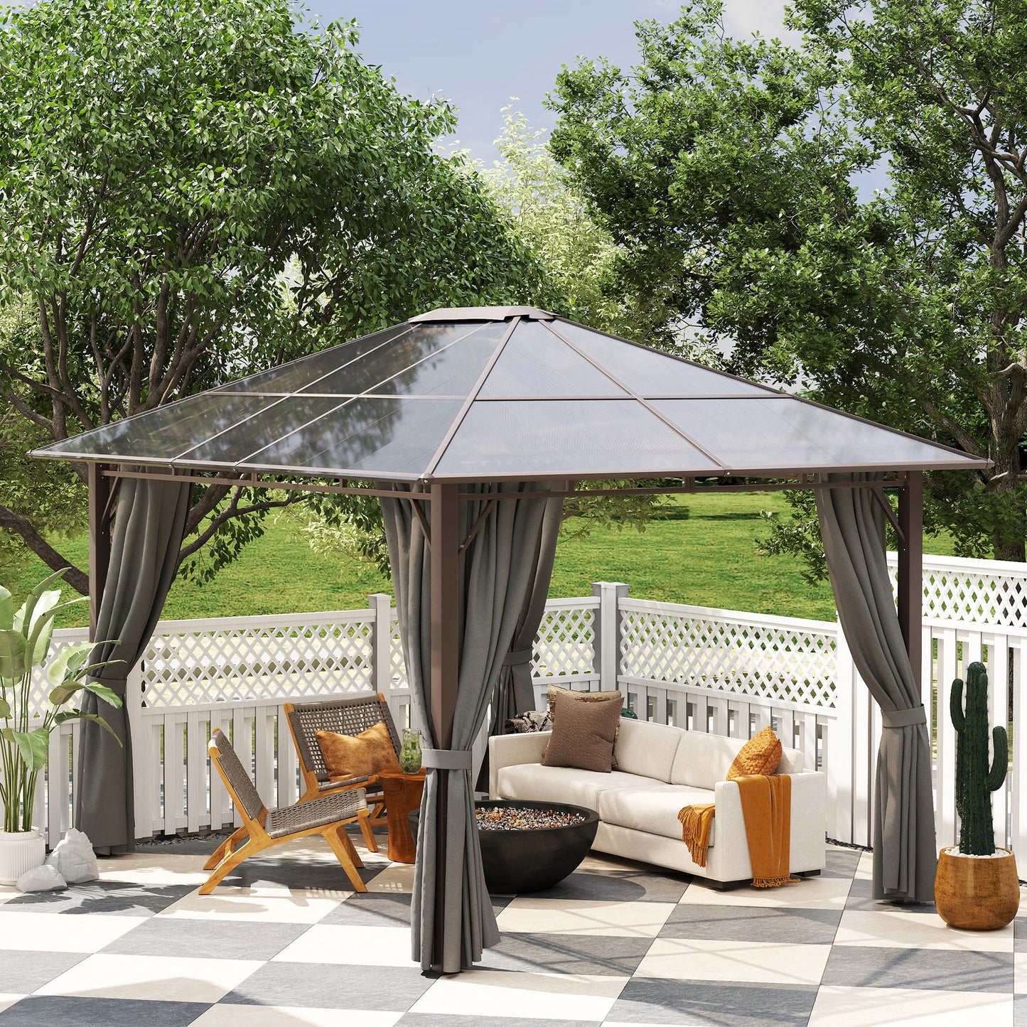 Outsunny 3x3.6m Hardtop Gazebo With Polycarbonate Roof Garden Pavilion Removable Curtains Steel Frame Dark Grey
