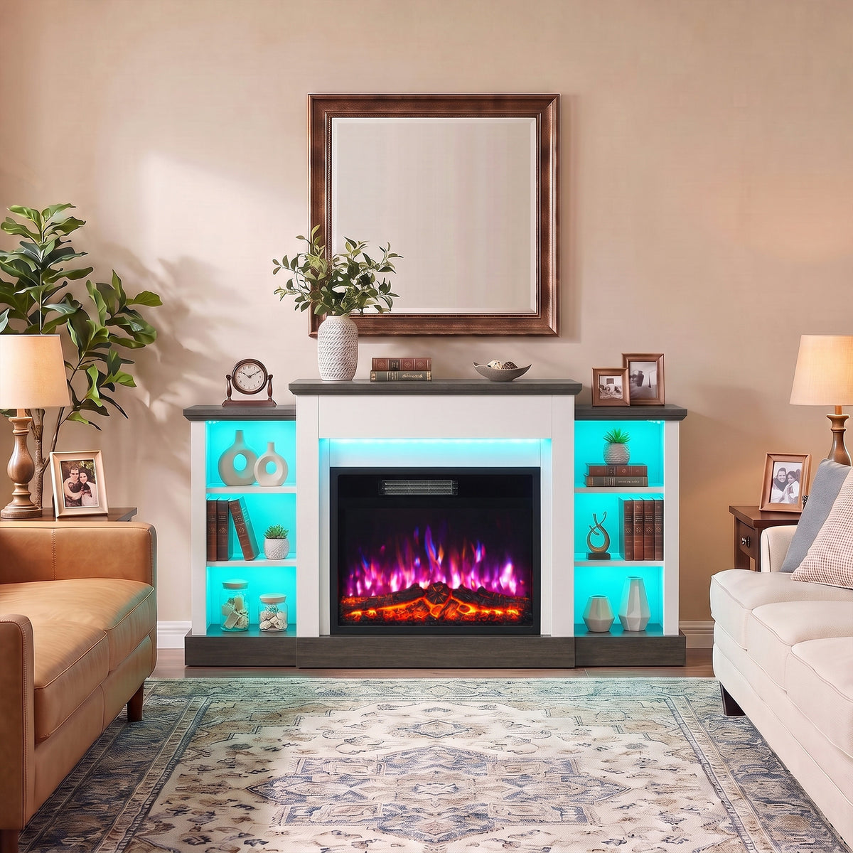 Electric fireplace TV stand with RGB LED glow, glass-front firebox, open side shelves