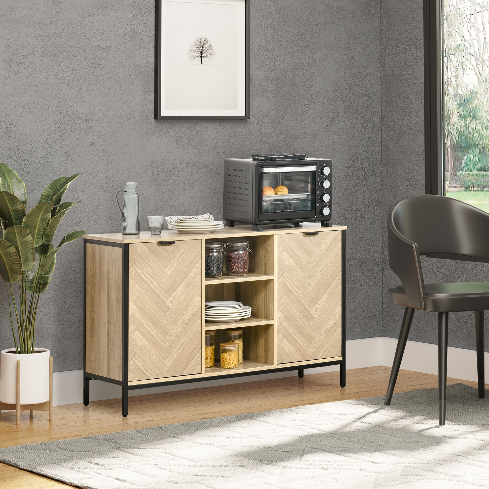 HOMCOM Modern Oak Tone Sideboard Storage Cabinet with Adjustable Shelves and Doors for Dining Room and Living Spaces - ALL4U RETAILER LTD