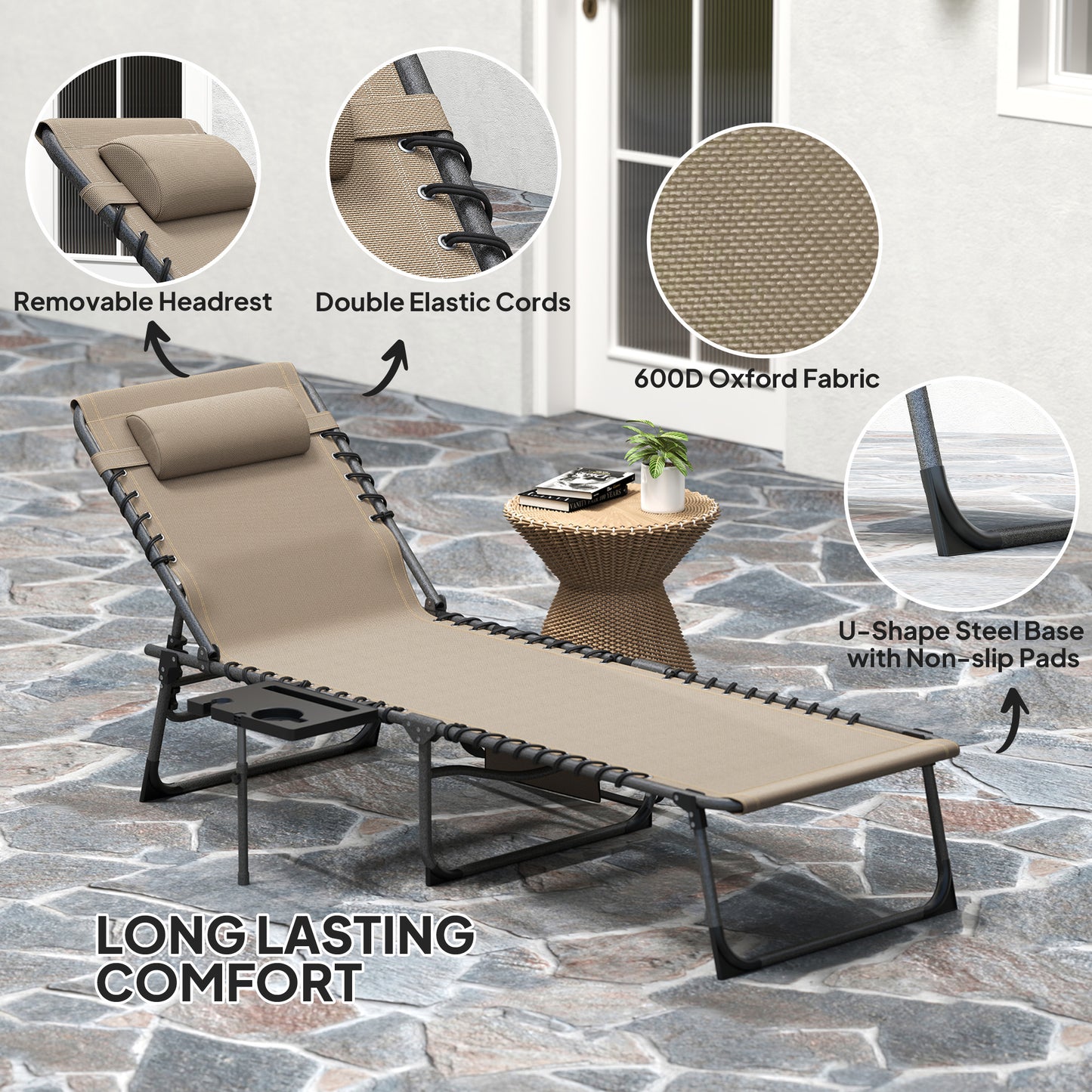 Outsunny Five Position Reclining Sun Lounger Beige With Removable Head Pillow And Powder Coated Steel Frame