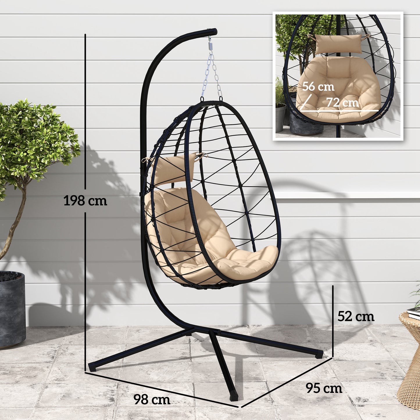 Outsunny Hanging Egg Chair With Stand For Patio Balcony Folding Basket 15cm Thickened Cushion With Headrest Khaki