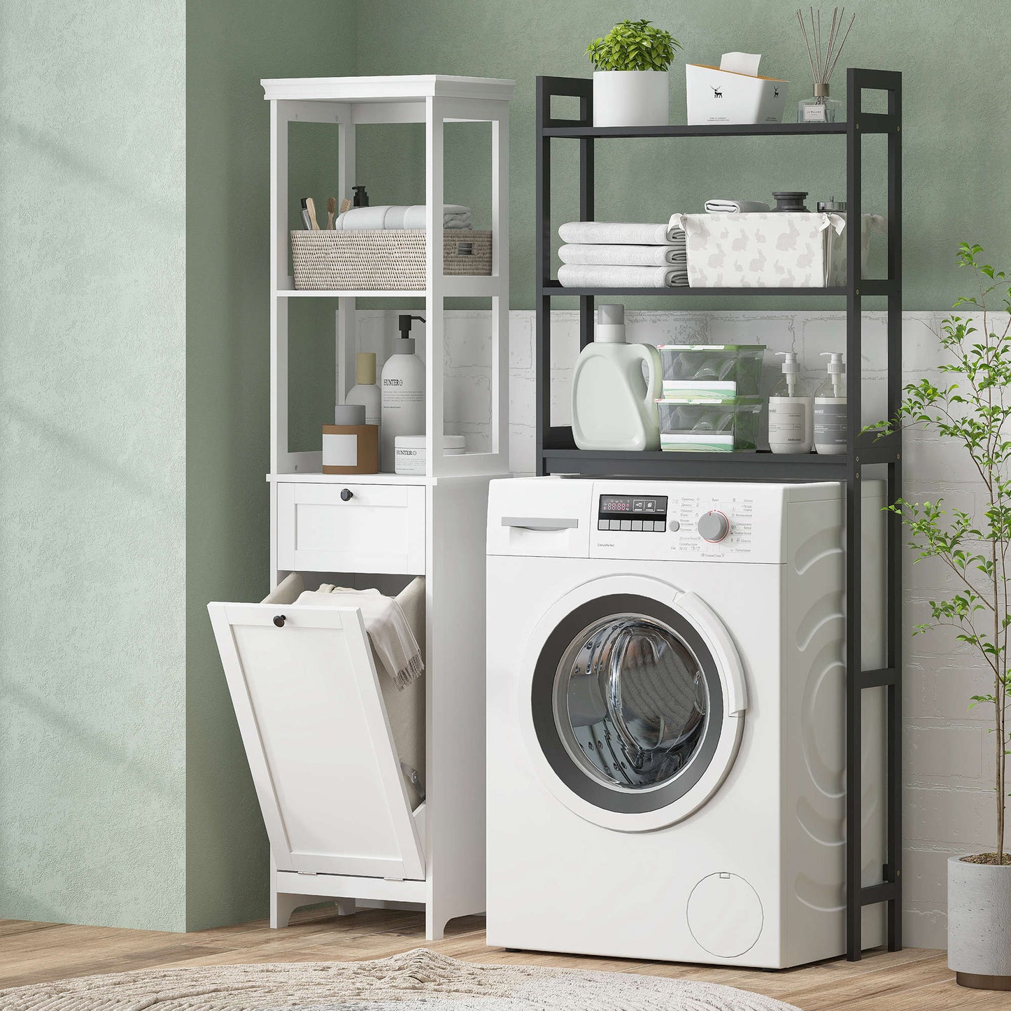 HOMCOM Tall Bathroom Cabinet With 30 L Laundry Hamper White Storage Organizer For Towels And Laundry