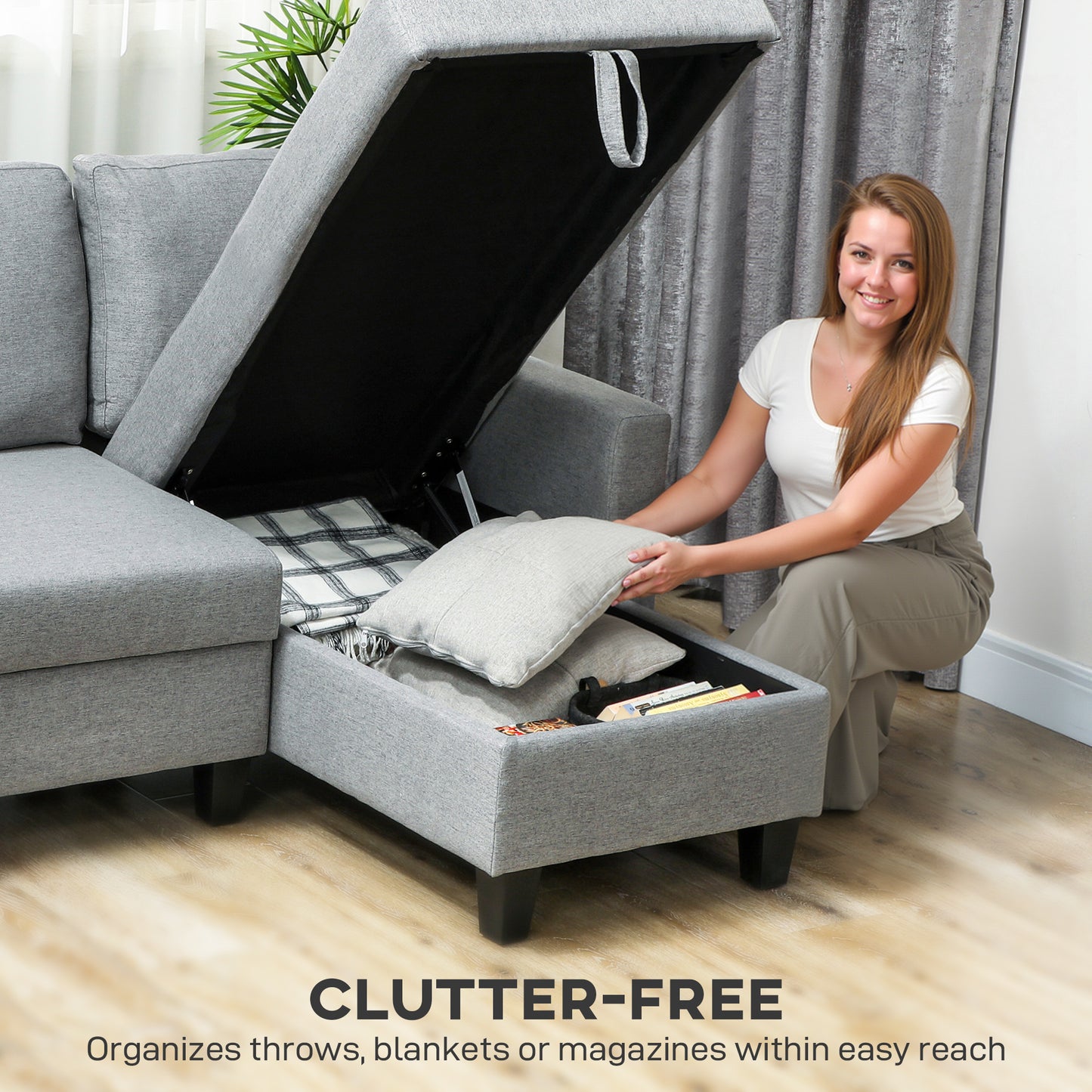 HOMCOM Three Seater Storage Sofa Bed Grey With Hidden Chaise Storage And Linen Look Upholstery