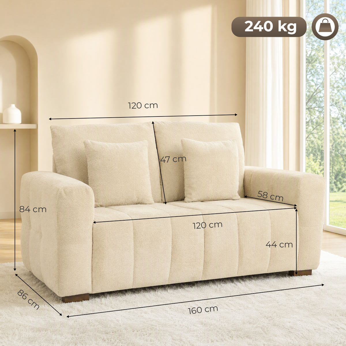 Cream white velvet loveseat with labeled dimensions and seat width graphic