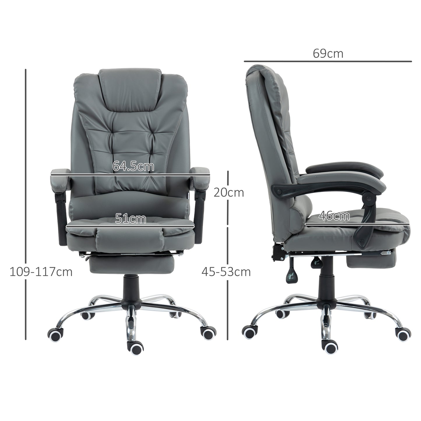 HOMCOM Ergonomic PU Leather Office Chair with Adjustable Features, Swivel Wheels, and Retractable Footrest - Grey - ALL4U RETAILER LTD