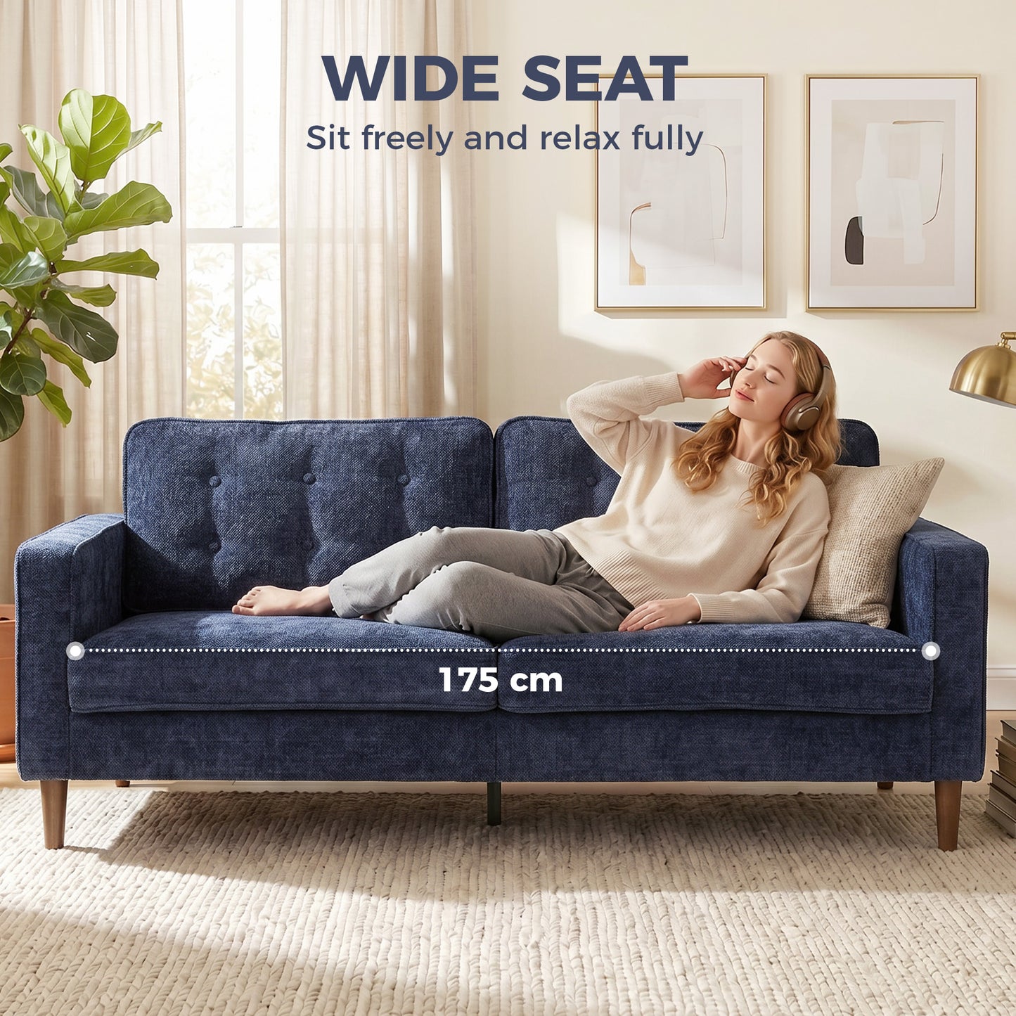 HOMCOM 3 Seater Sofa With Button Tufted Upholstered Velvet And Wood Legs For Living Room Dark Blue