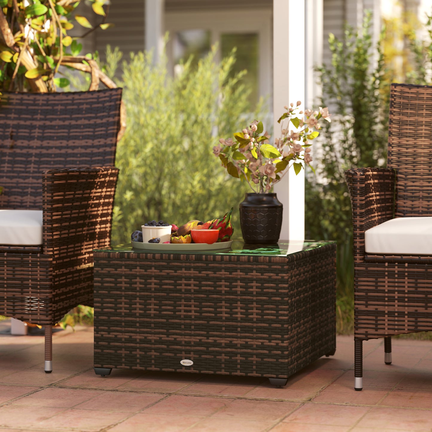 Outsunny 62 By 62 Cm Tempered Glass Top Rattan Side Table Brown Garden Outdoor Furniture