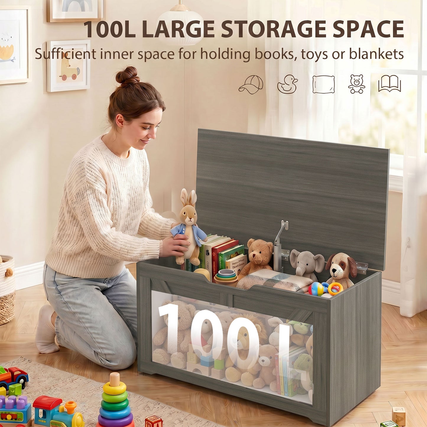 HOMCOM 100L Storage Trunk With Safety Hinge Flat Lid For Seating Dark Grey Wood Effect