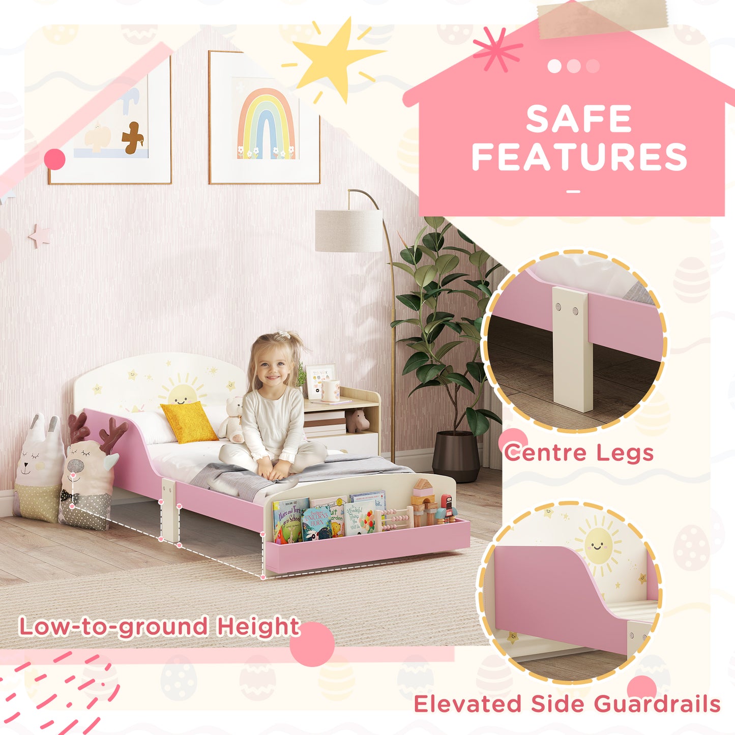 AIYAPLAY Toddler Bed With Storage And Guardrails Sun Design Fits 140 x 70cm Mattress For Ages 3-8
