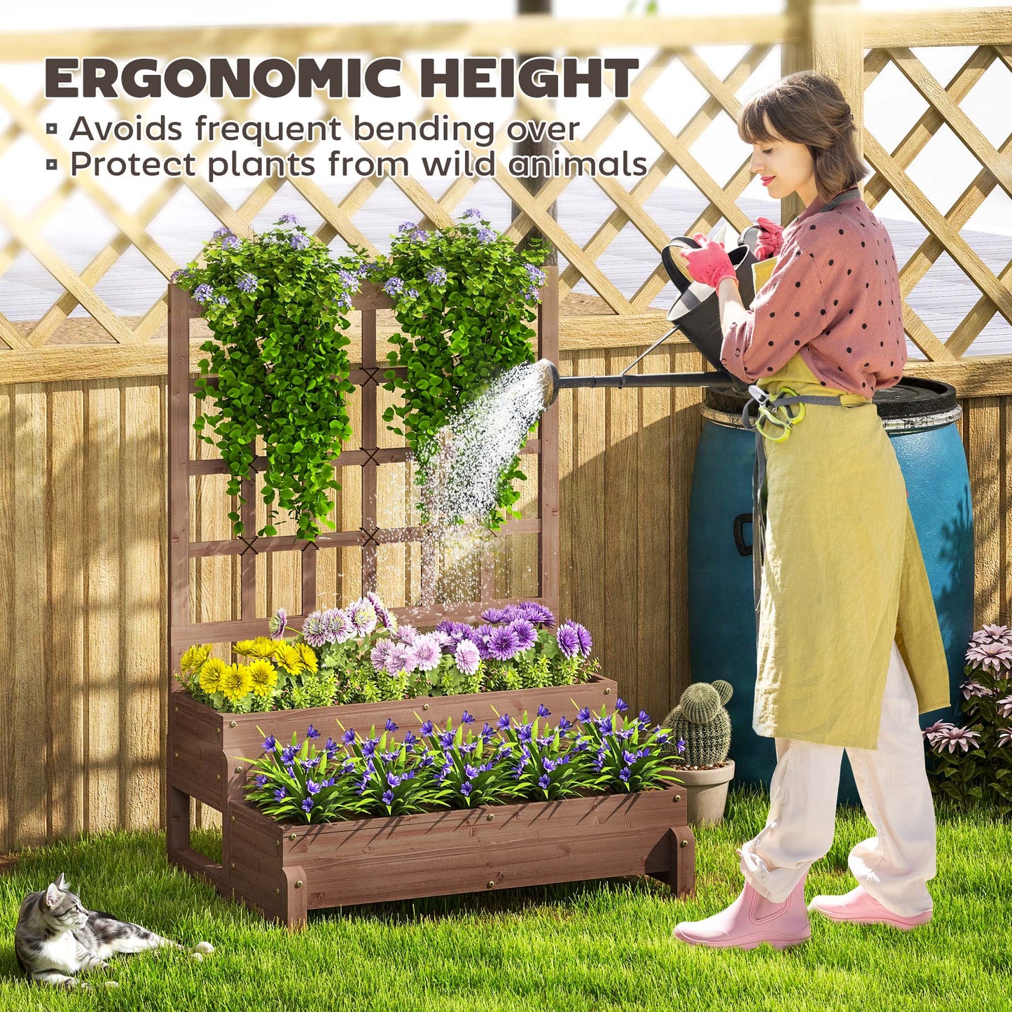 Outsunny 2 Tier Raised Garden Bed With Trellis Wooden Planter Box Drainage Holes For Climbing Plants