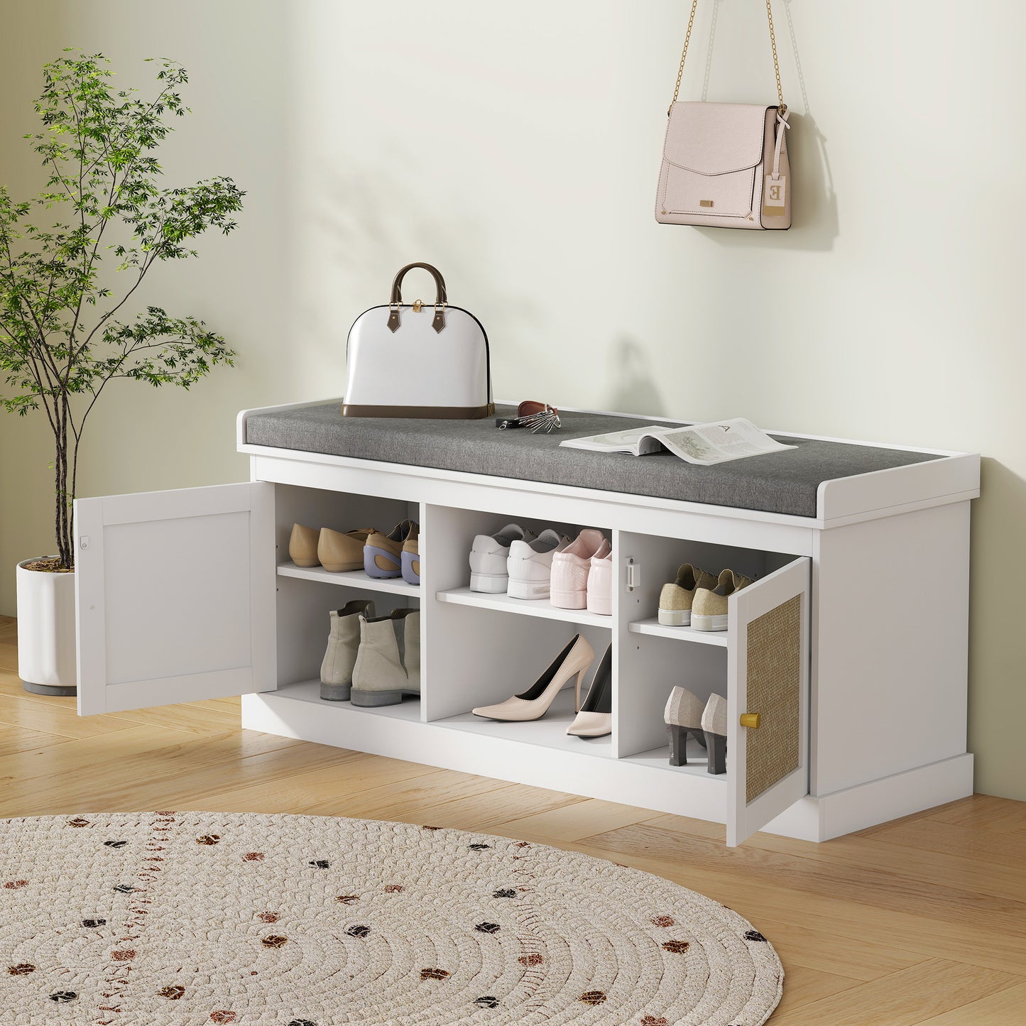 HOMCOM Boho Shoe Storage Bench With Padded Cushion And Rattan Doors Holds Up To Nine Pairs White