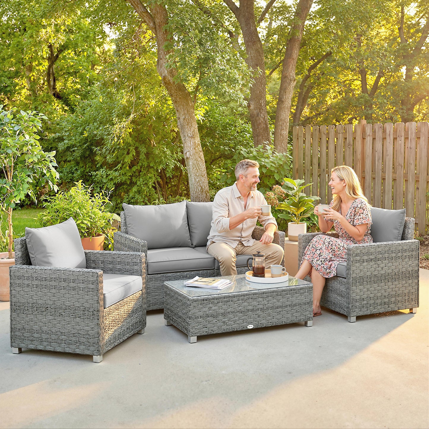 Outsunny 4 Piece Rattan Garden Furniture Set With Loveseat And 2 Armchairs Glass Top Table Wicker Set Grey